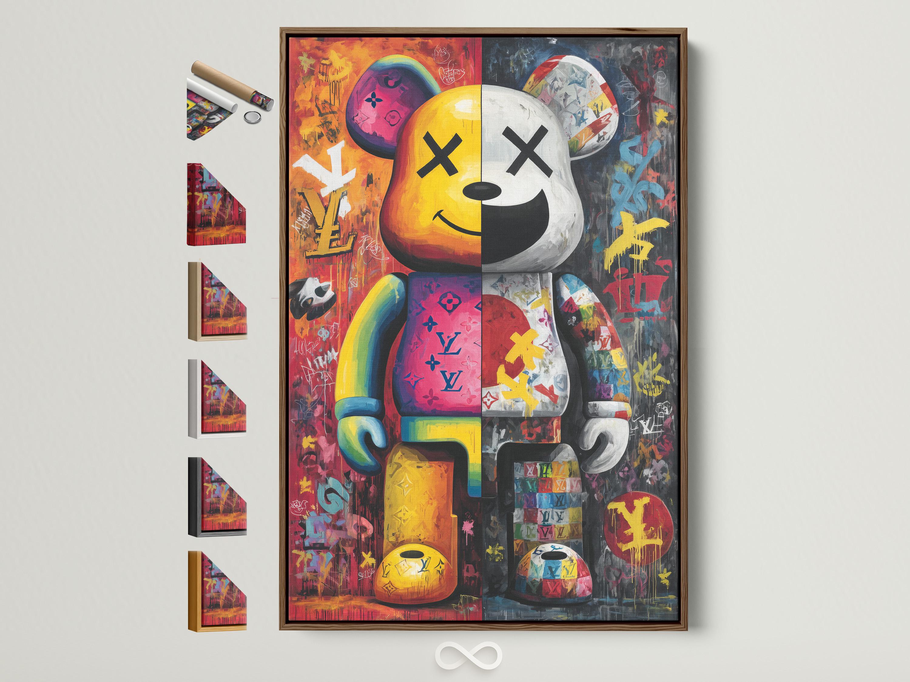 A bright pop-art style bear figure is shown amid graffiti-like colours and stickers, framed by bold black outlines and layered poster textures detail