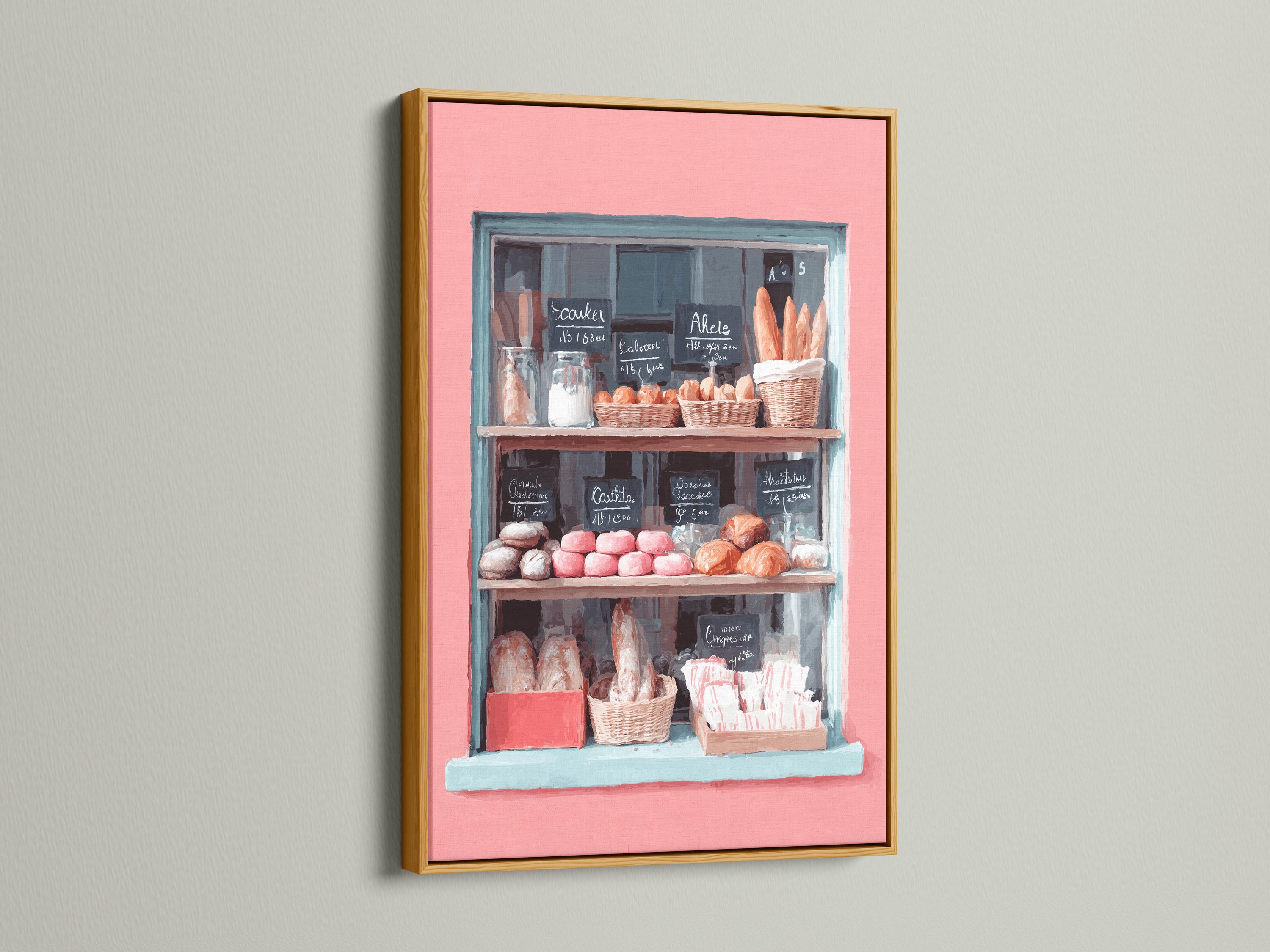 Pastel bakery window painting with pastries and handwritten menu signs detail view