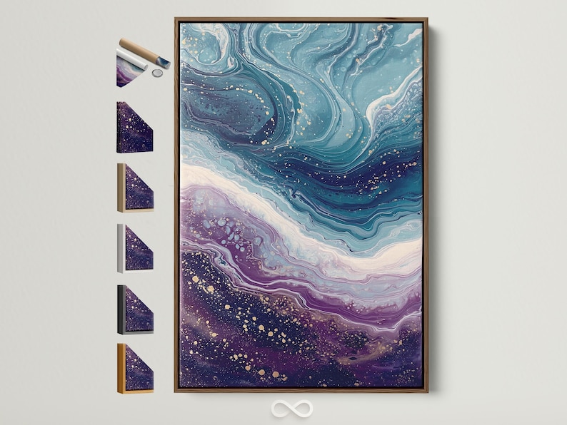 Fluid abstract wave artwork with teal, purple and gold swirls and speckles
