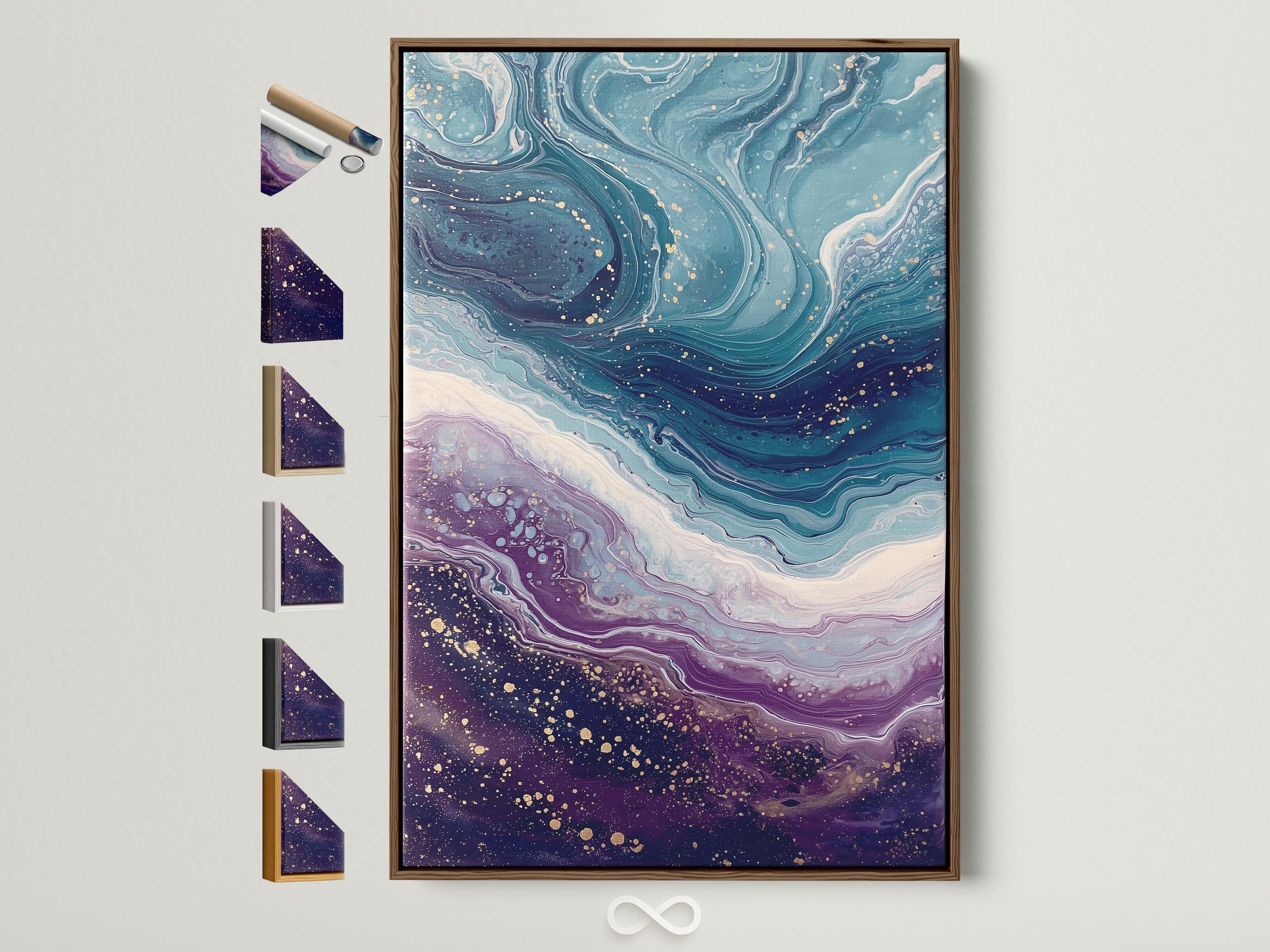 Fluid abstract wave artwork with teal, purple and gold swirls and speckles