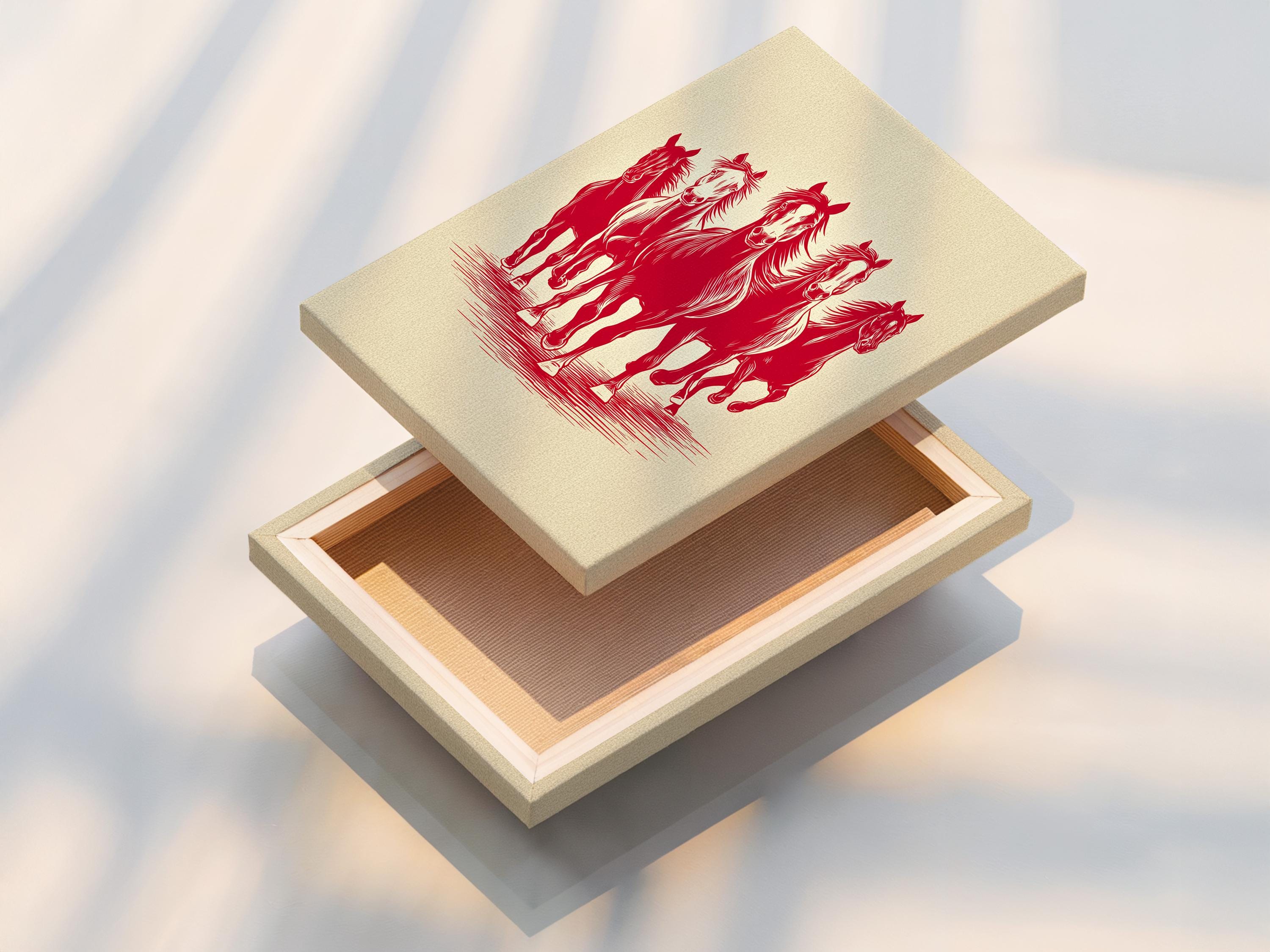 Red silhouette of four running horses on a cream background with striped ground detail view