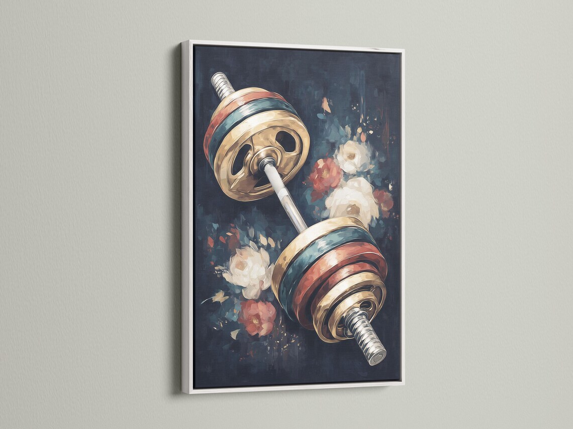Diagonal barbell with metallic gold plates over dark floral background detail view
