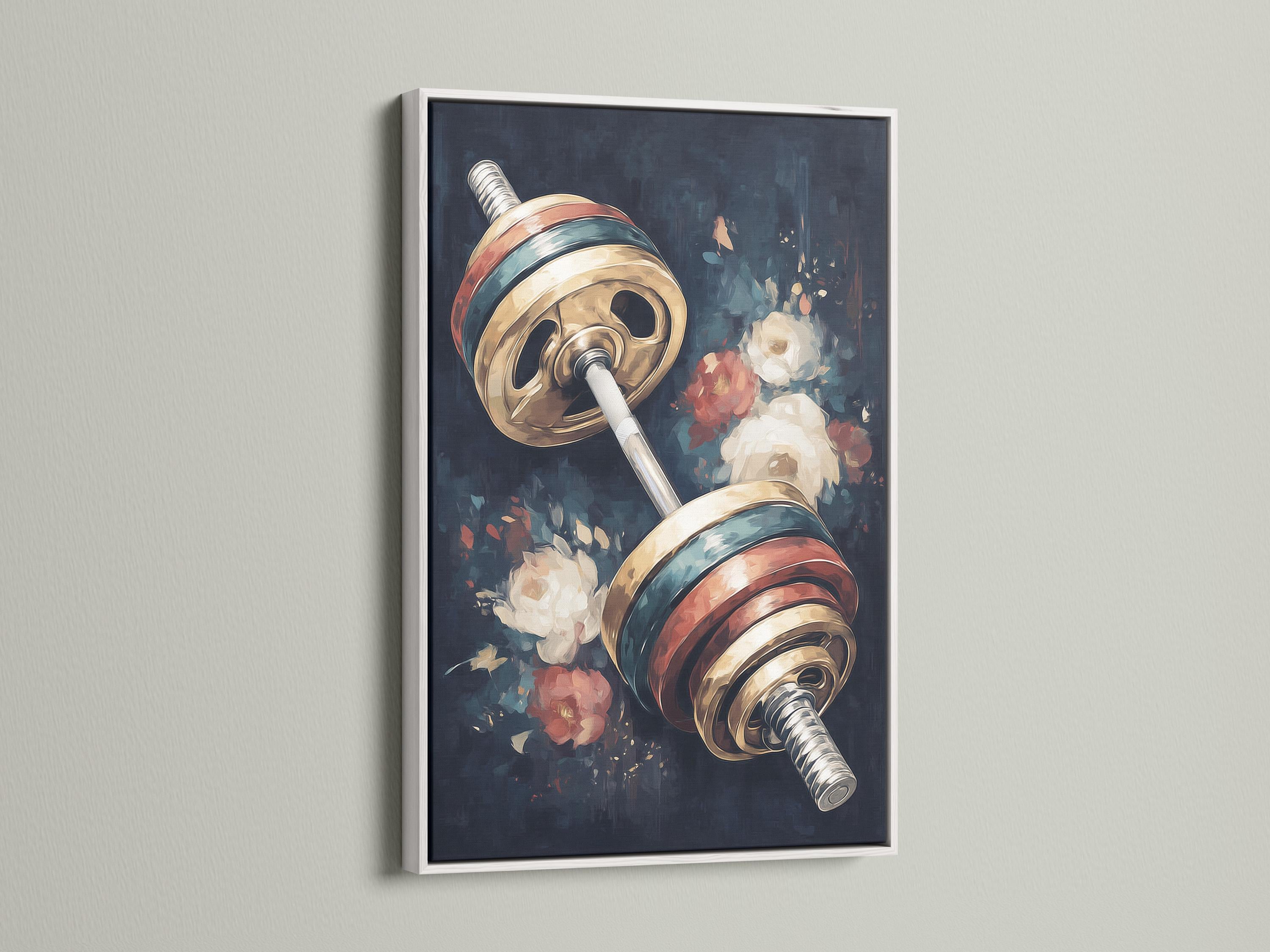 Diagonal barbell with metallic gold plates over dark floral background detail view