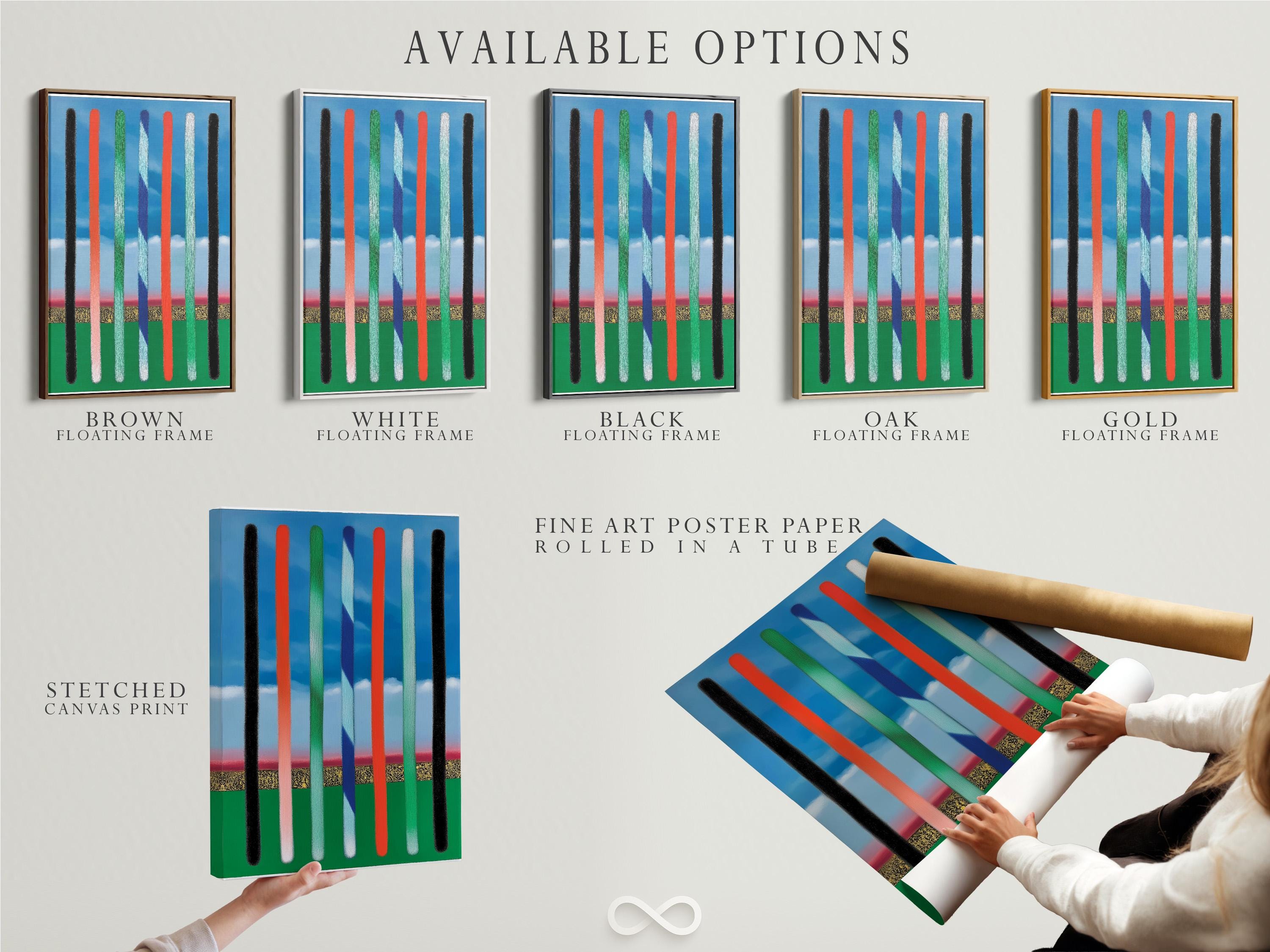 Abstract vertical stripes artwork with blue sky bands and black, red, green, and off-white bars detail view