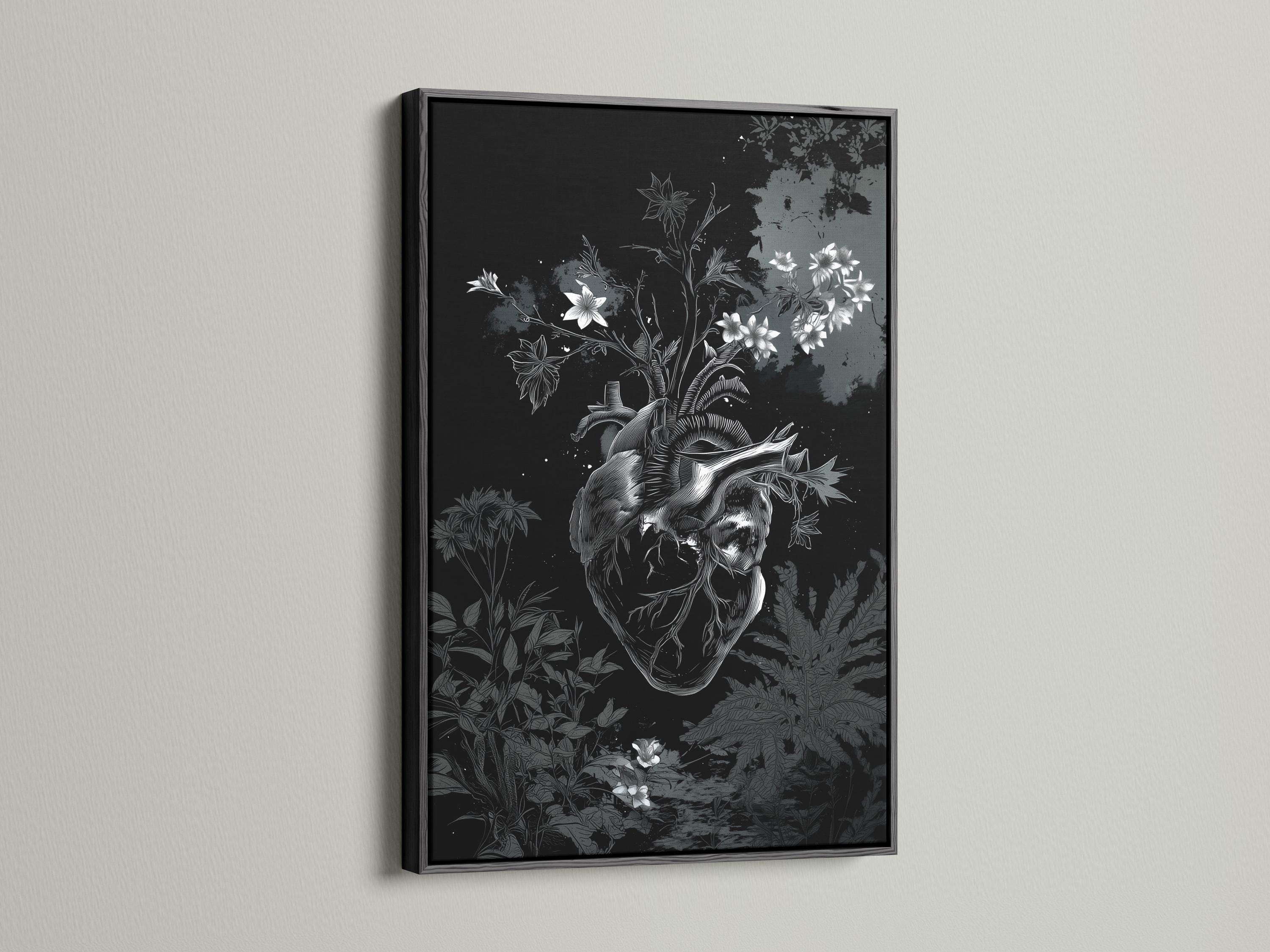 Room mockup showing a framed monochrome botanical heart artwork on a wall