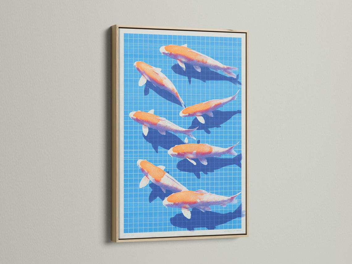 Orange koi fish swimming on a bright blue grid background with dark blue water shapes detail view