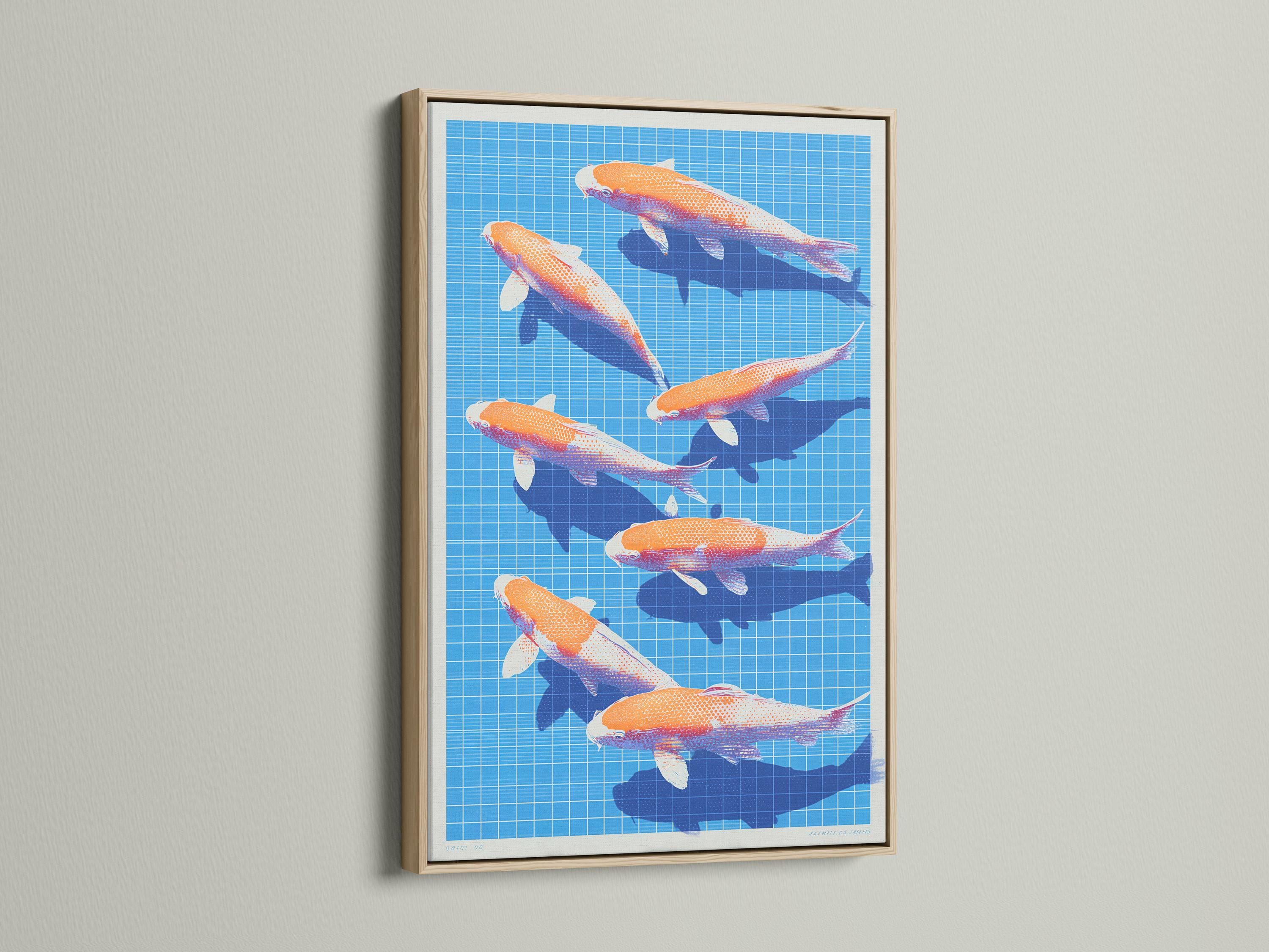 Orange koi fish swimming on a bright blue grid background with dark blue water shapes detail view