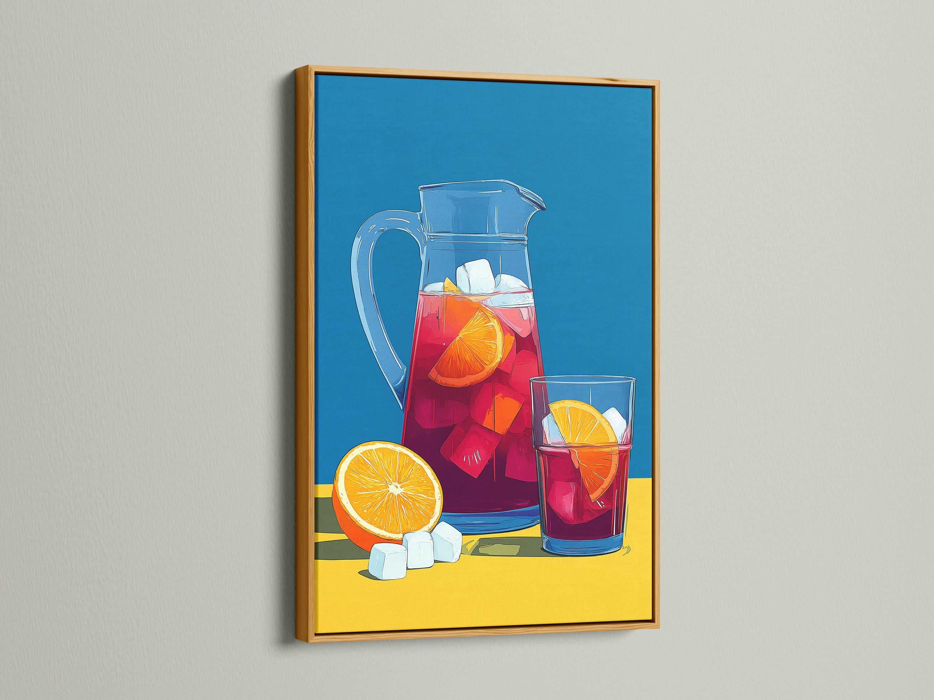 Illustrated still life of a glass pitcher with red drink, ice cubes, and orange citrus slices detail view