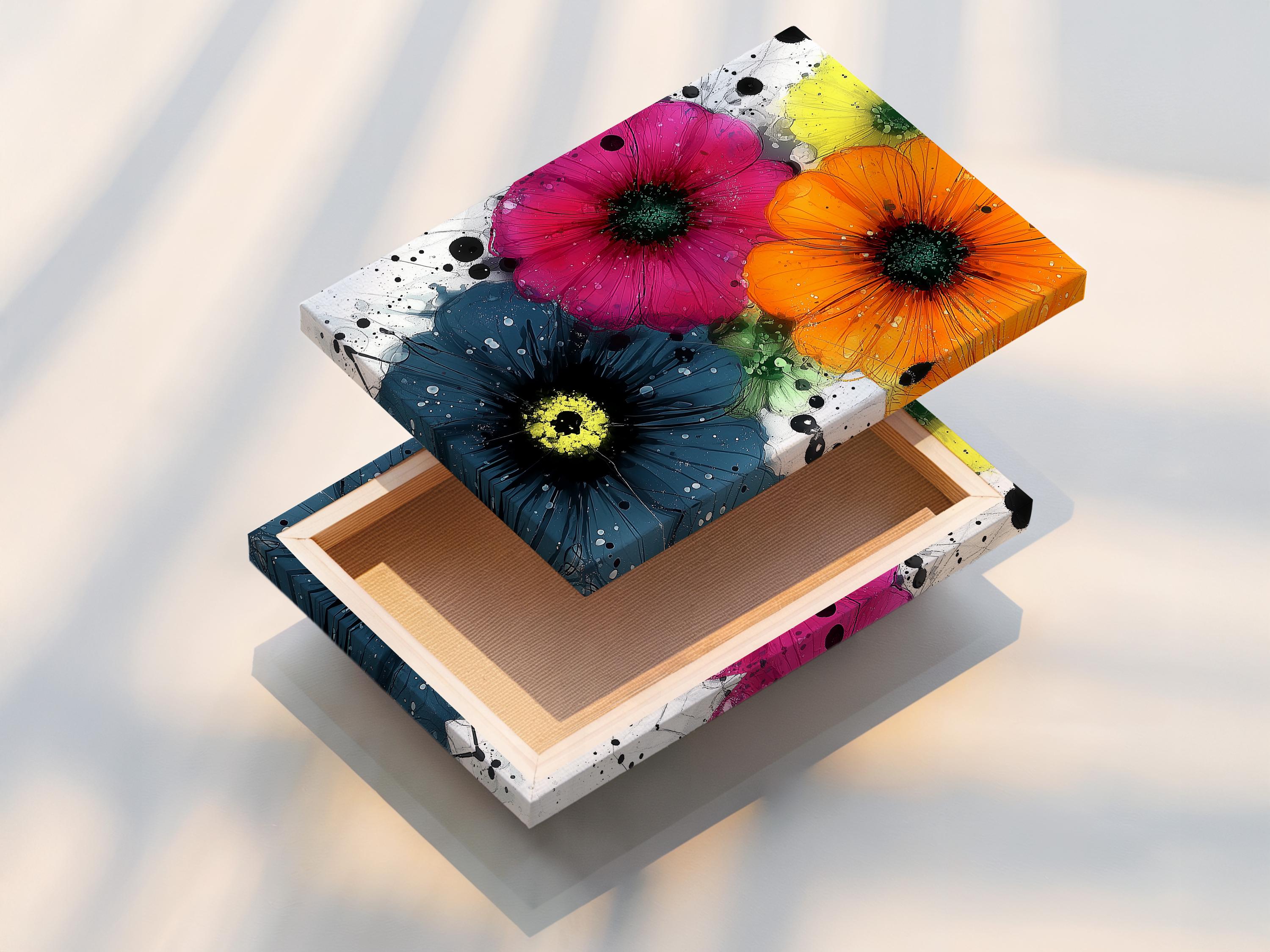 A vibrant, painterly floral composition shows three large stylised flowers with dark centres over white splatter-like backgrounds in pink, orange