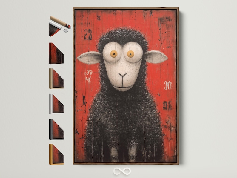 Stylised sheep portrait with round googly eyes and curly dark wool on a distressed red background