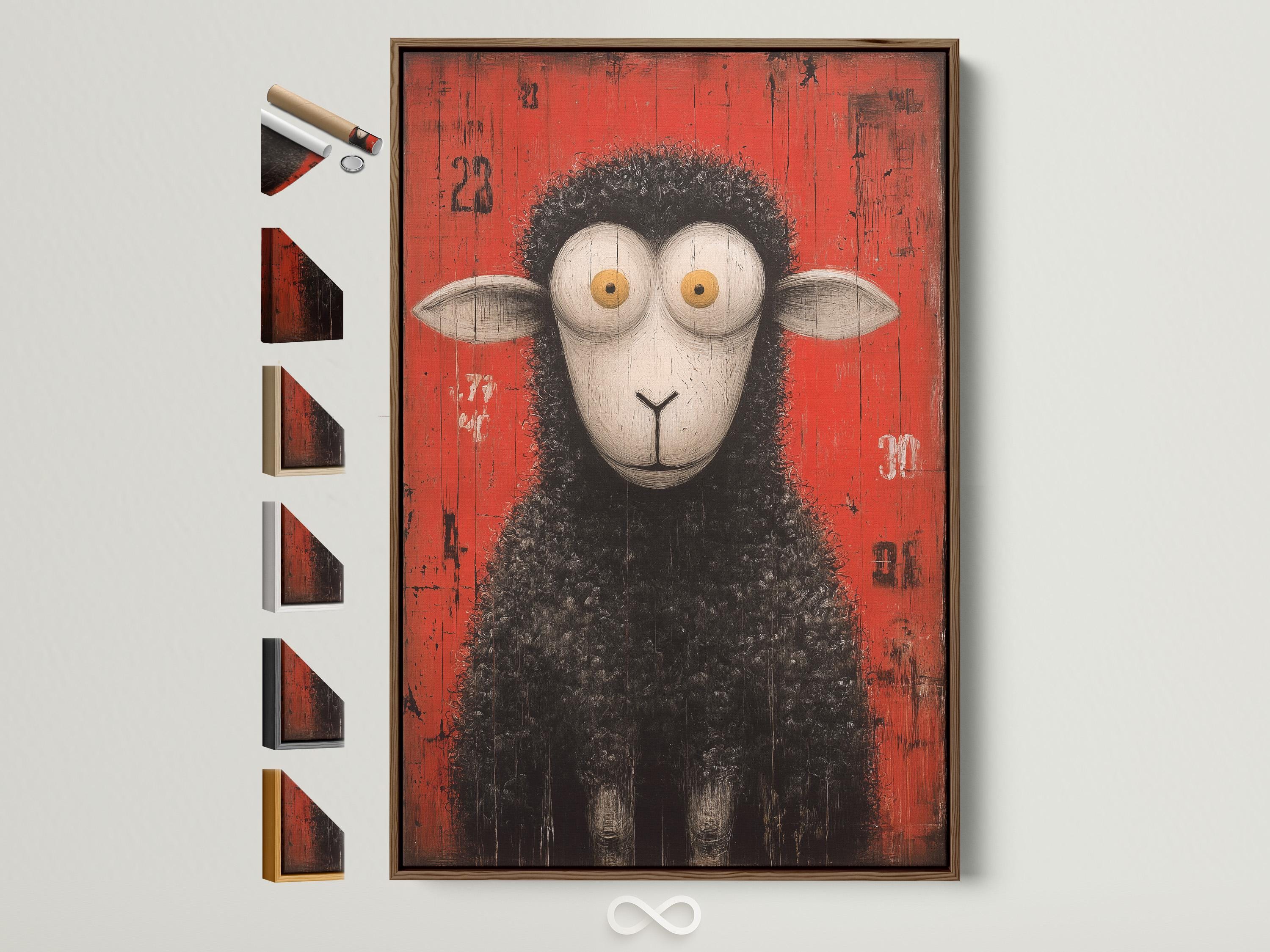 Stylised sheep portrait with round googly eyes and curly dark wool on a distressed red background