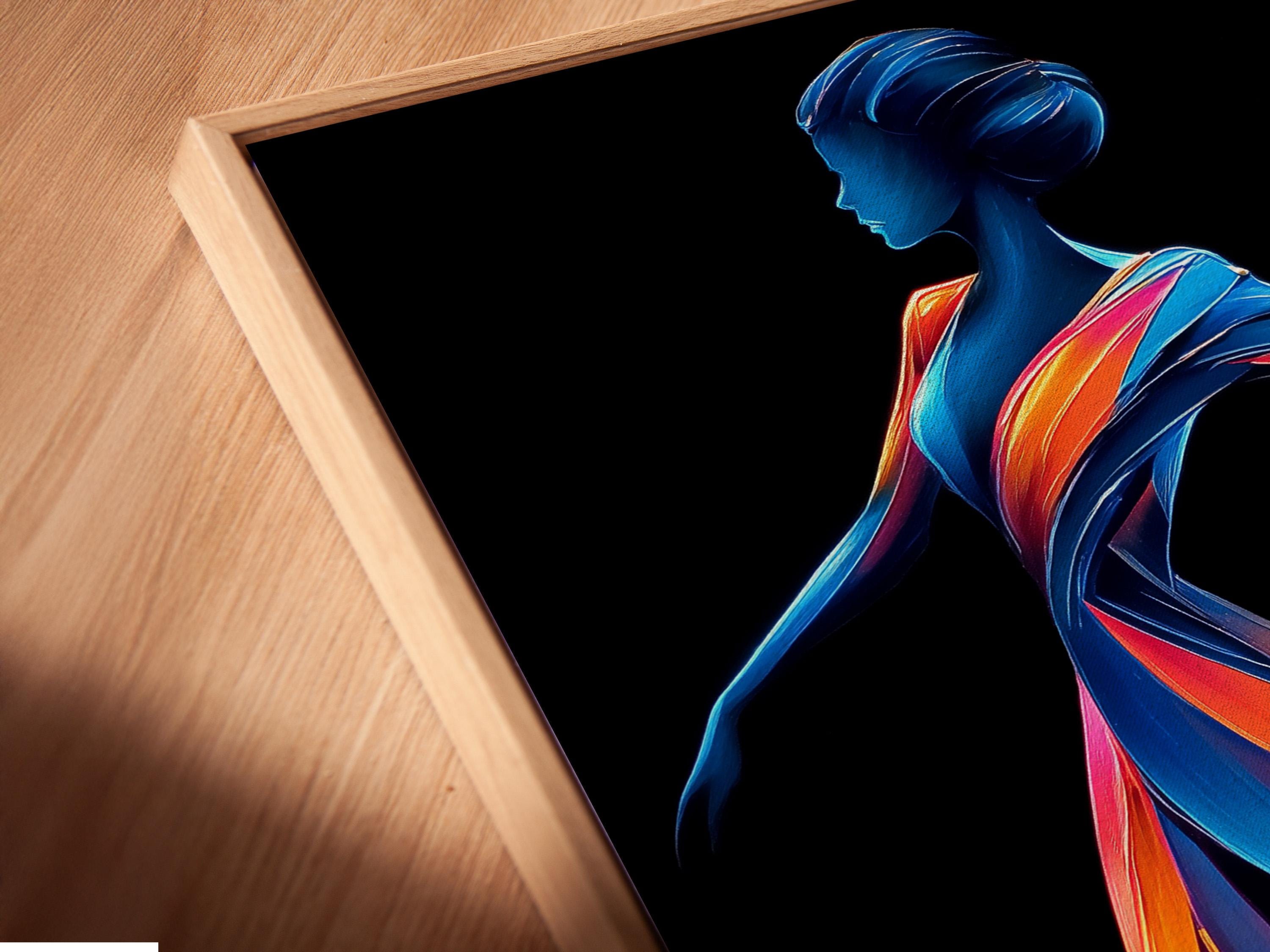 Wall mockup showing a framed abstract woman profile artwork with rainbow ribbon hair