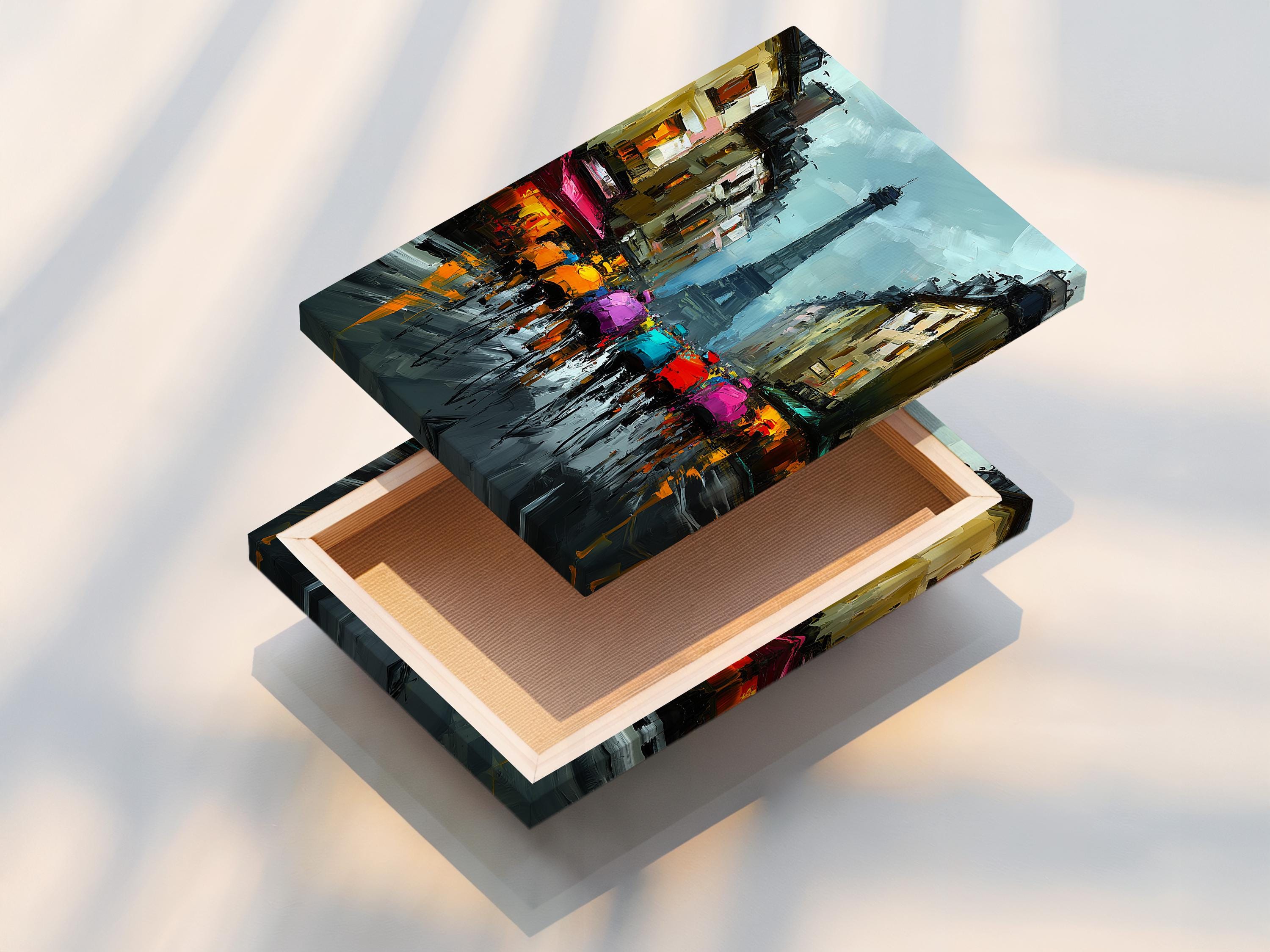 Wall mockup showing a framed Paris tower cityscape artwork with blue and pink colours