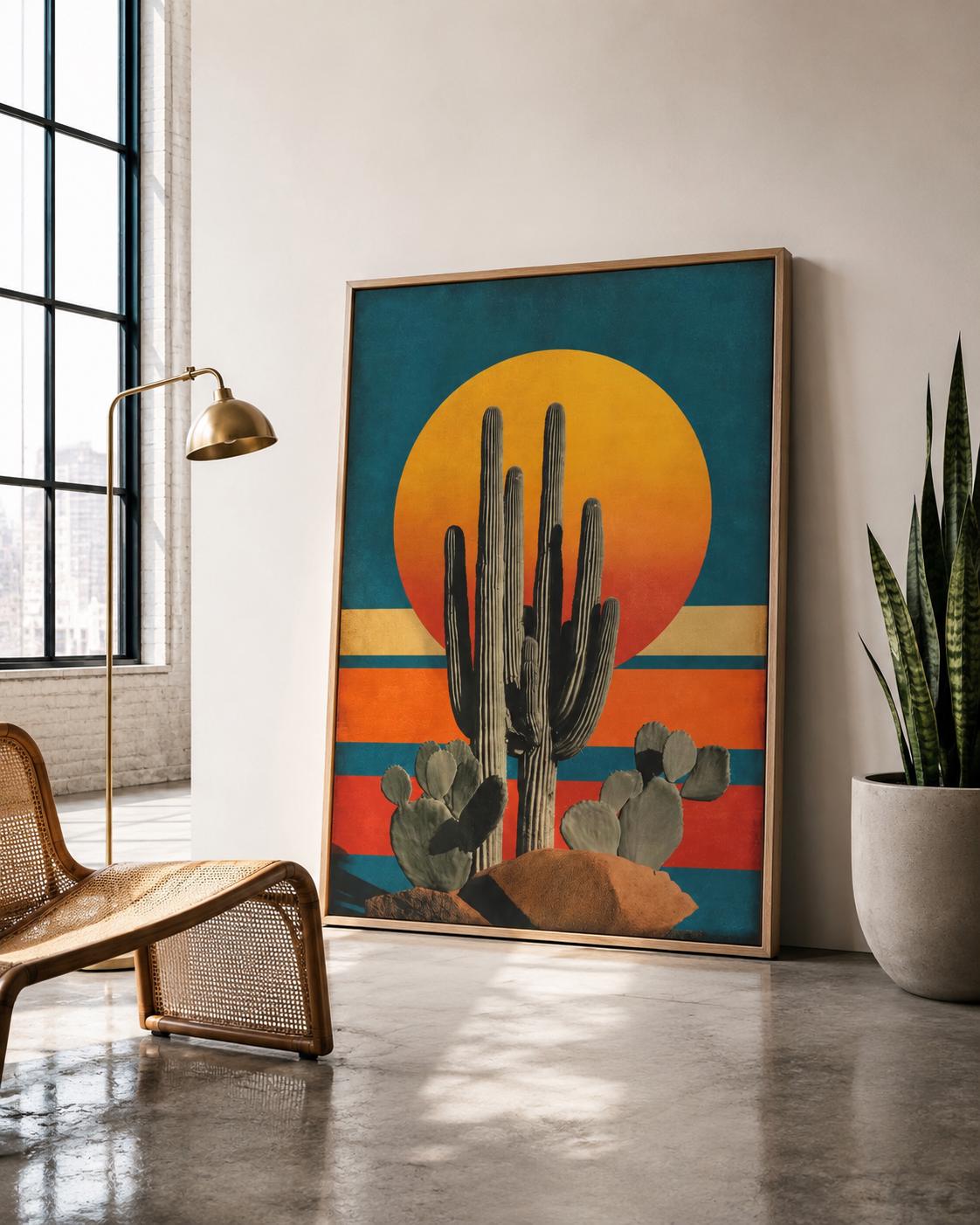 Illustration of a tall cactus with rounded pads beneath a large golden sun over teal and terracotta stripes detail view