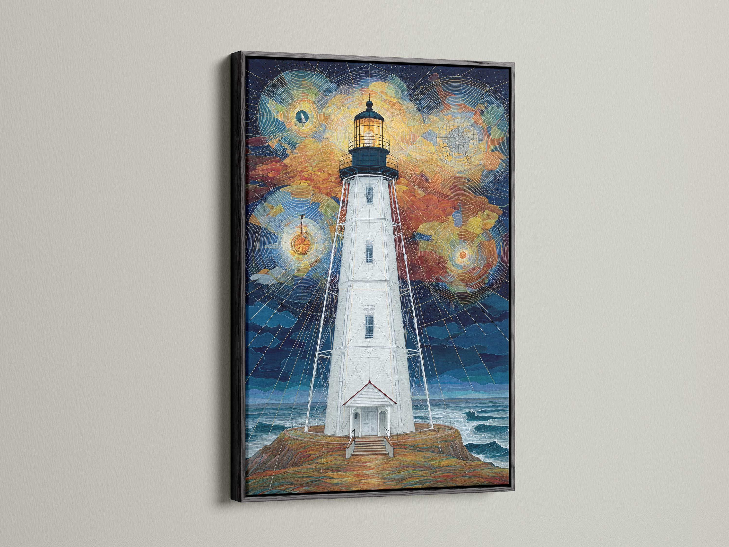 Geometric lighthouse painting with starry night sky and swirling circular light patterns detail view