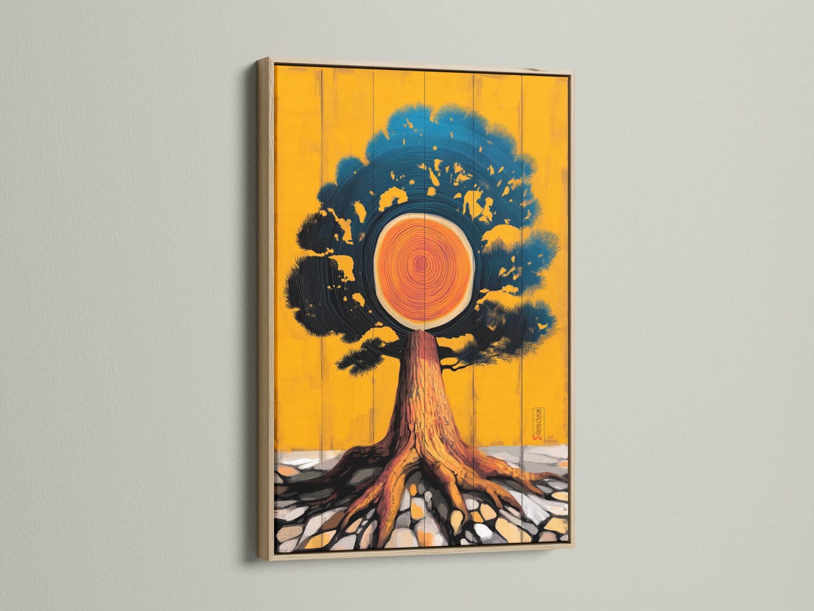 Stylised tree trunk and concentric tree rings with teal wave-like canopy on a gold background detail view