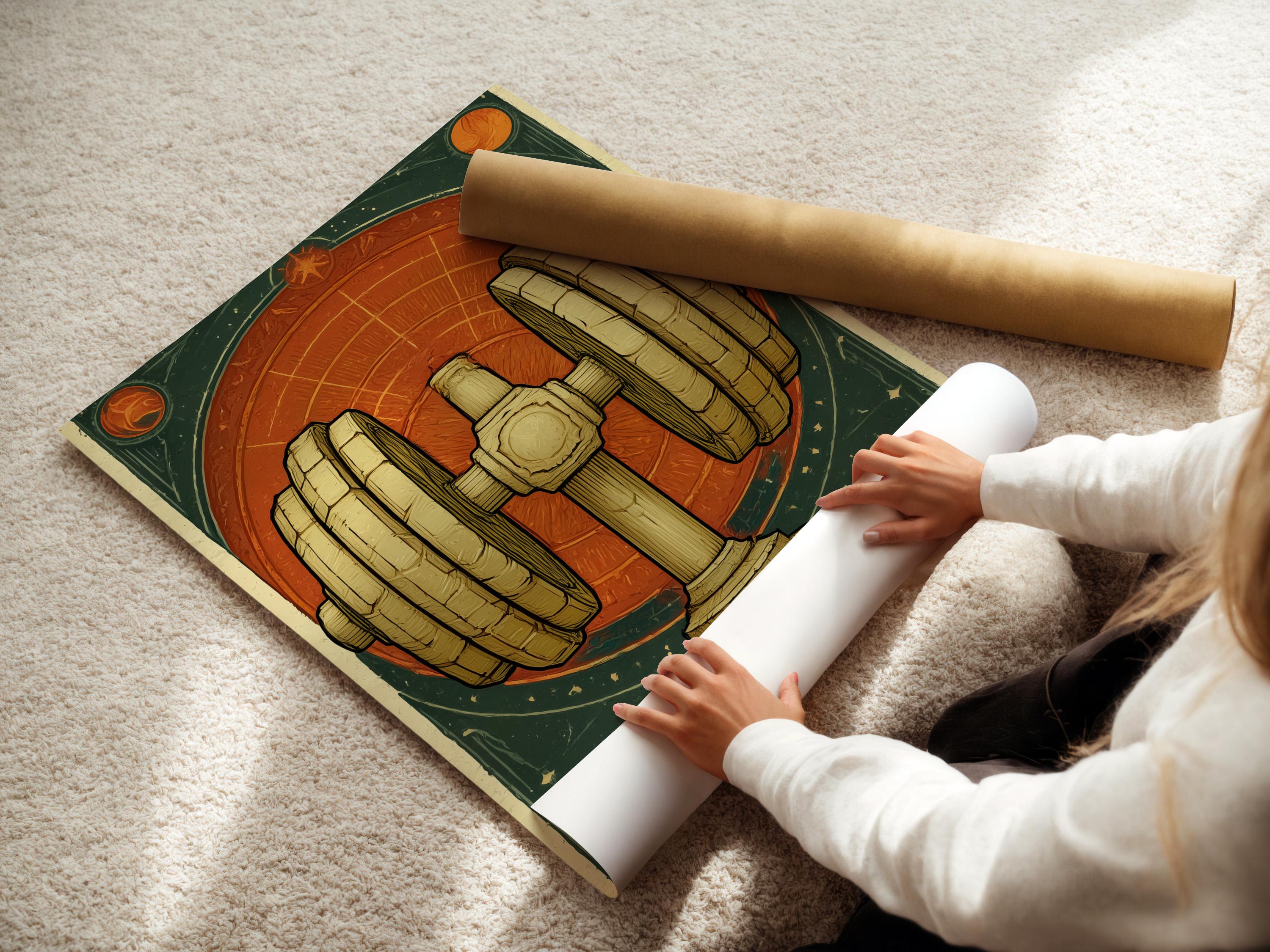 Framed gold dumbbell artwork shown on a wall with other matching pieces