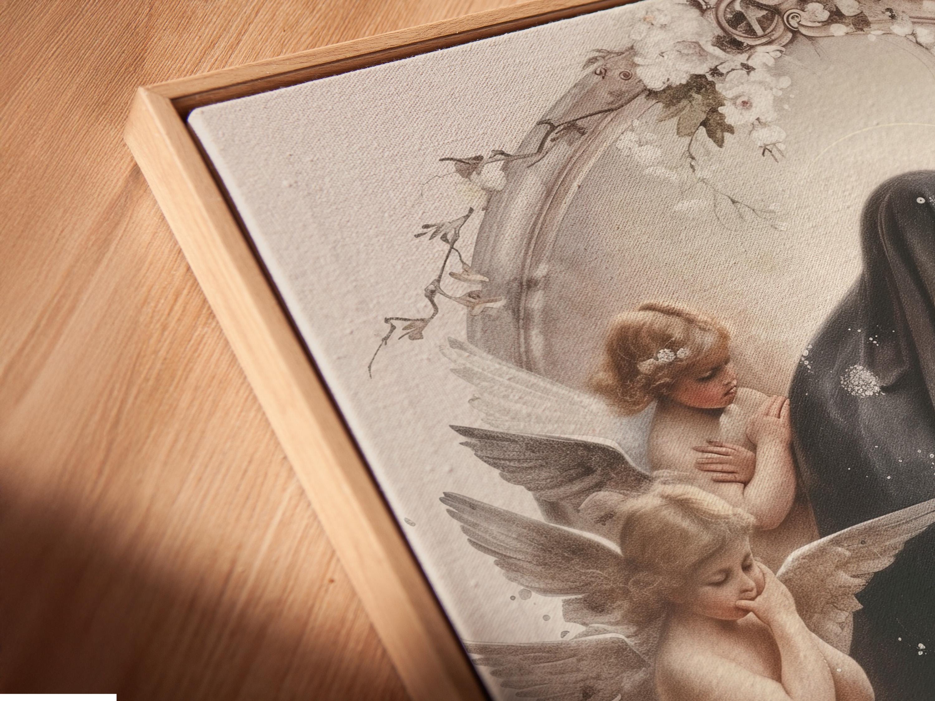 Madonna and Child religious artwork with winged cherubs and a floral arch in cream and grey tones detail view