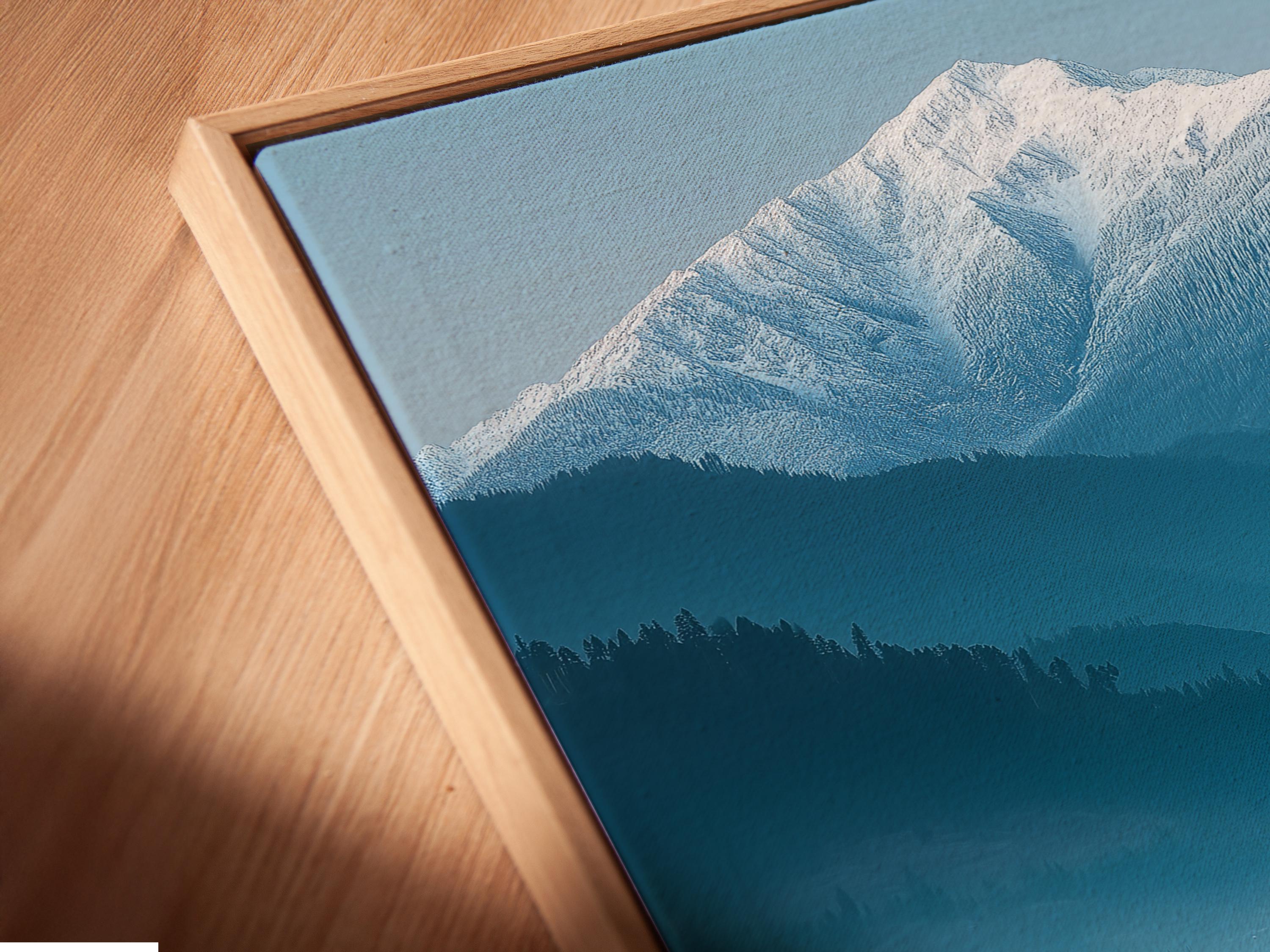 Misty snowy mountain landscape with evergreen trees and a village in teal and blue tones detail view