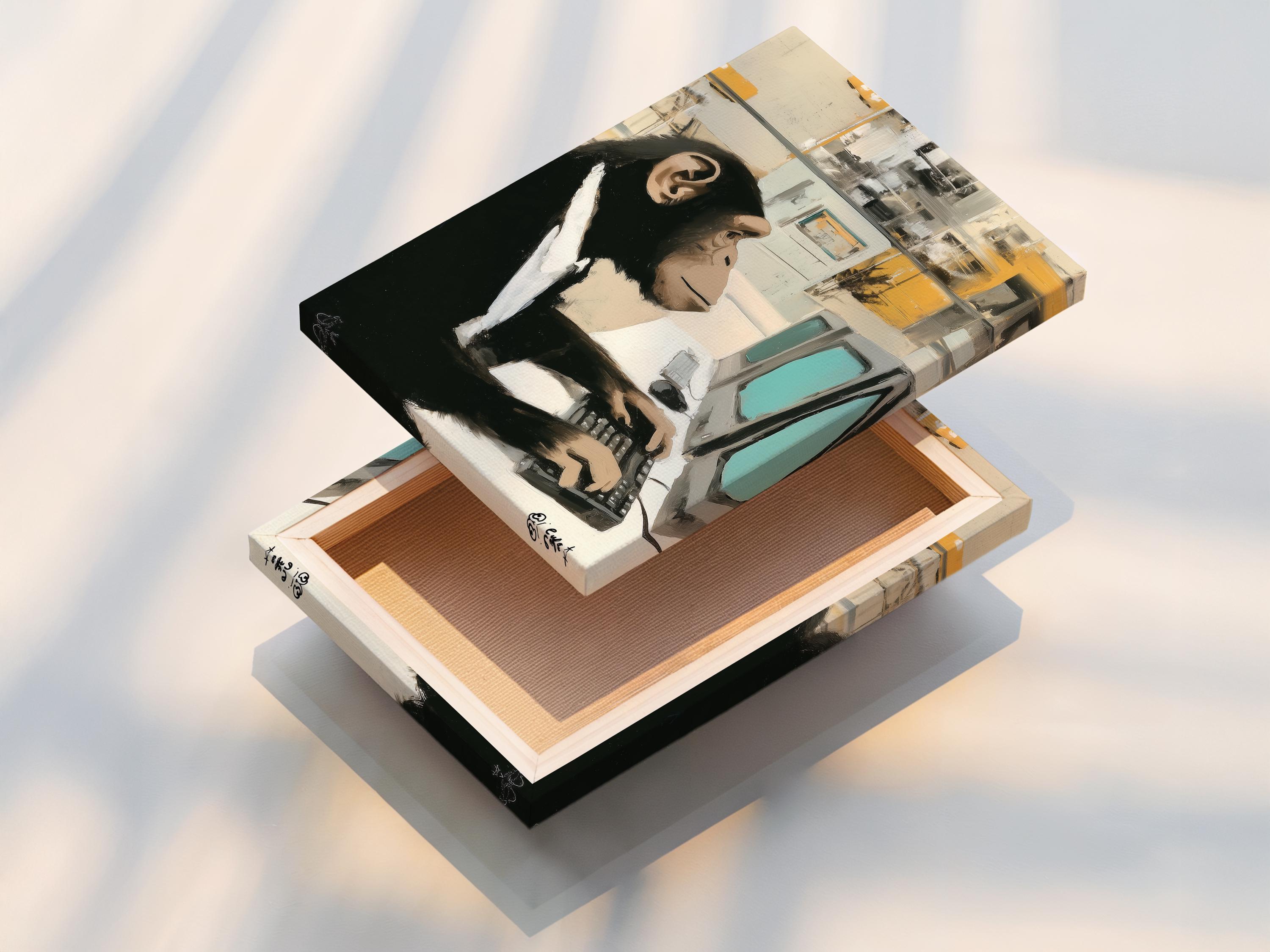 Painterly chimp in a white shirt typing at a desk with an abstract office background detail view