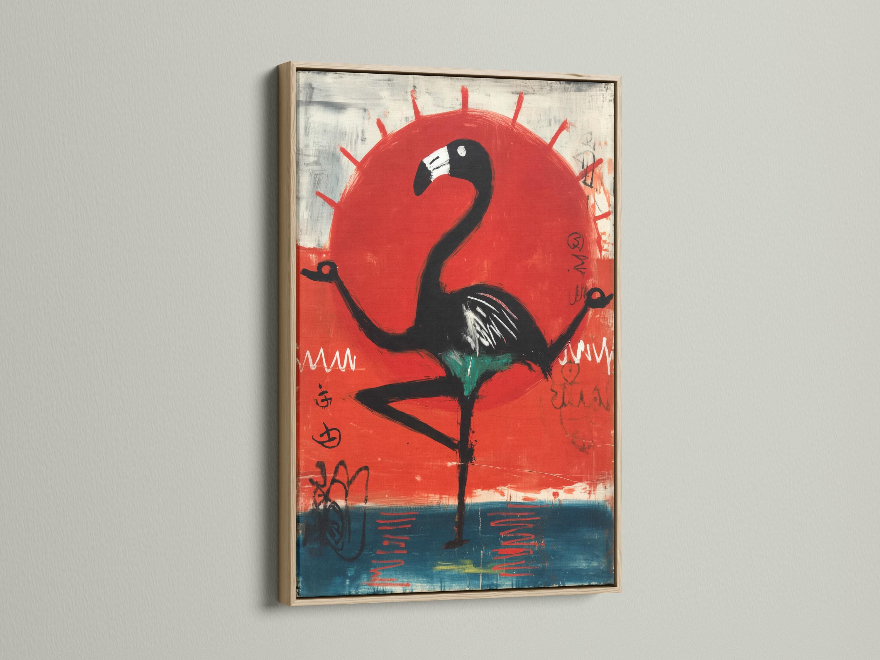 Stylised black flamingo beneath a large red sun over teal-blue and grey abstract marks detail view