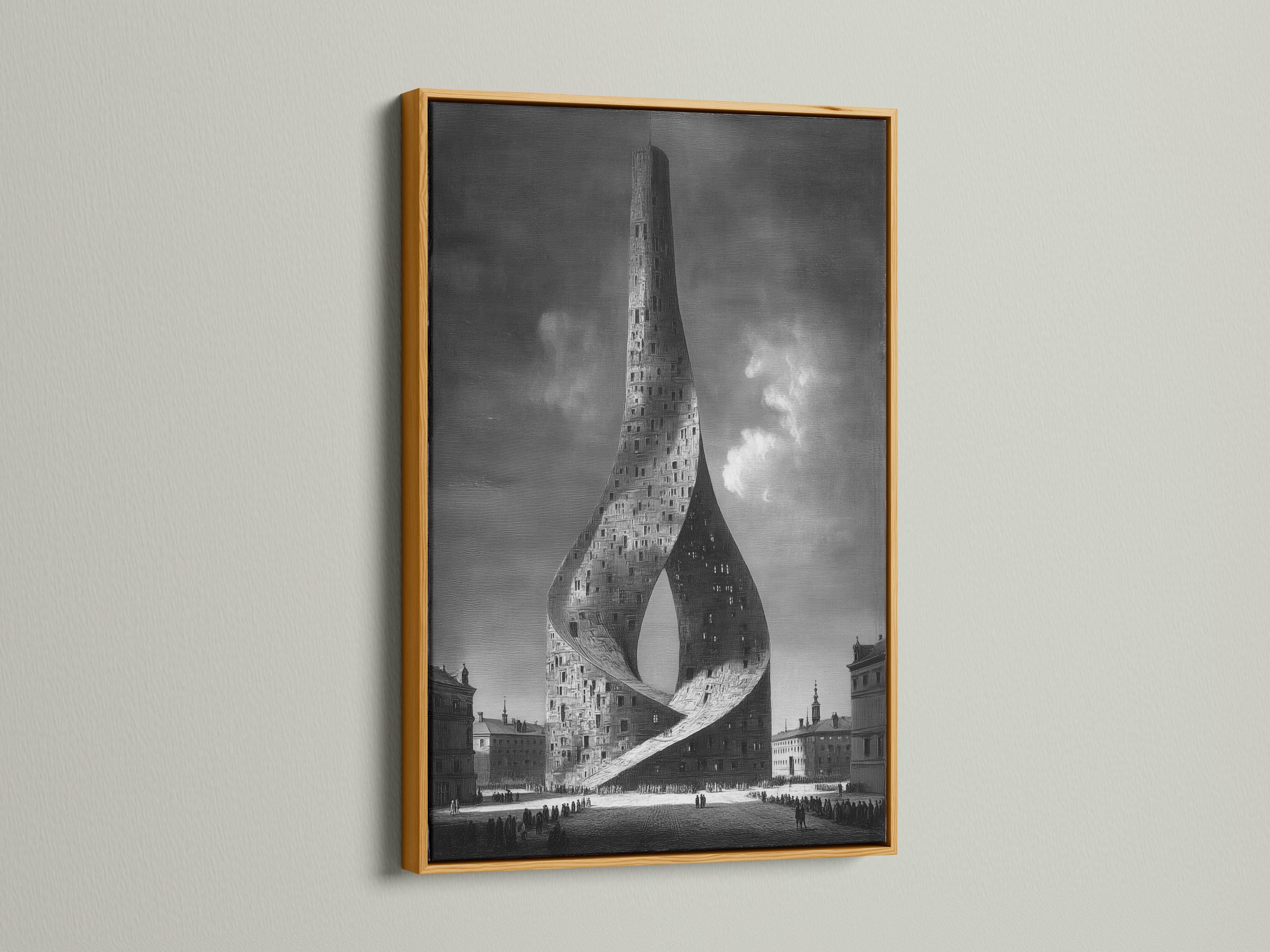 A monochrome cityscape shows a towering building formed into a surreal twisting ribbon shape with small crowds and dark skyline blocks detail view