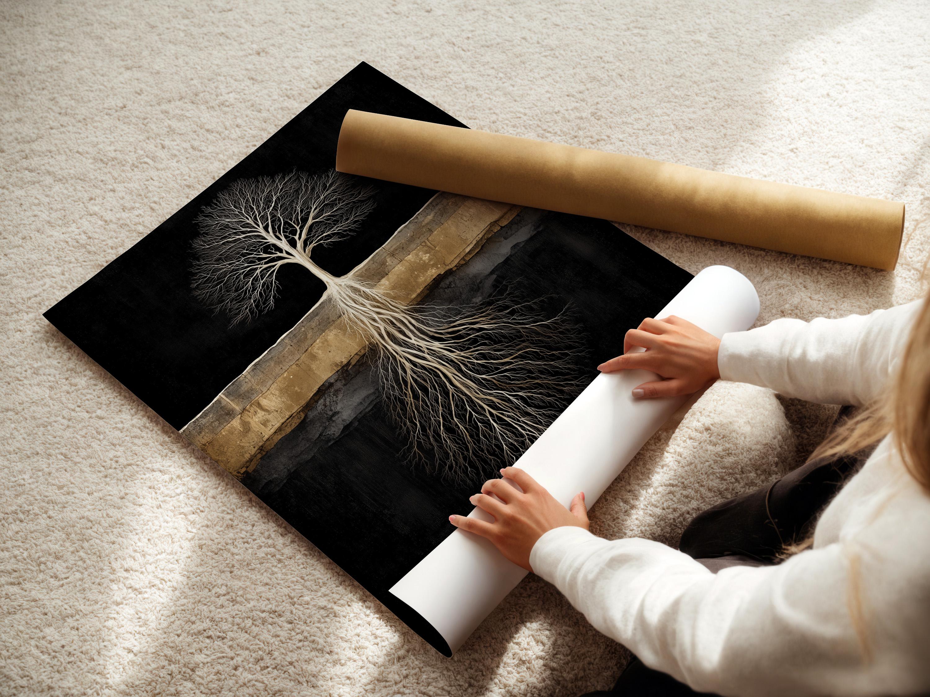 Room mockup with a person reading and a dark tree roots artwork above a bed