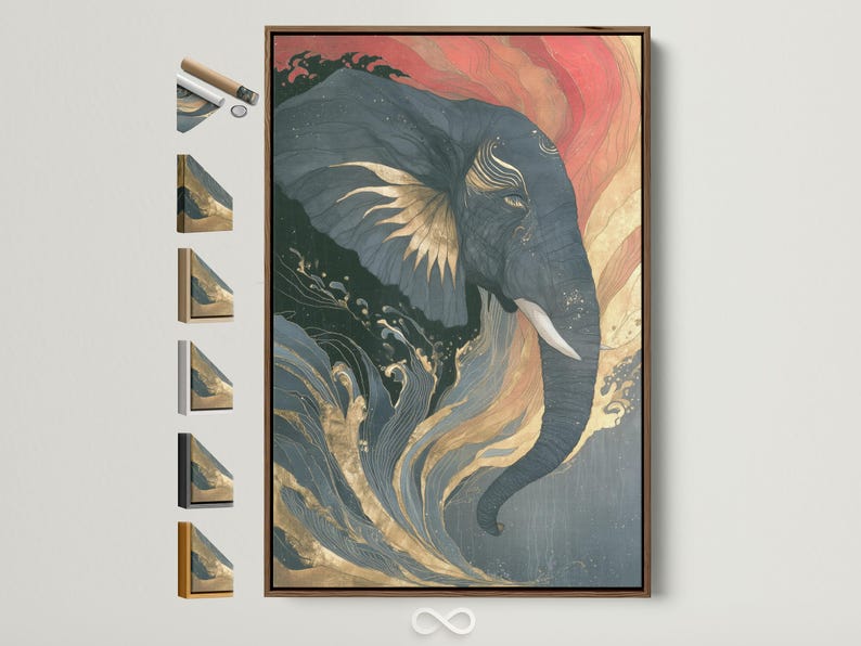 Abstract elephant portrait with swirling wave patterns in muted teal, coral pink and warm gold lines