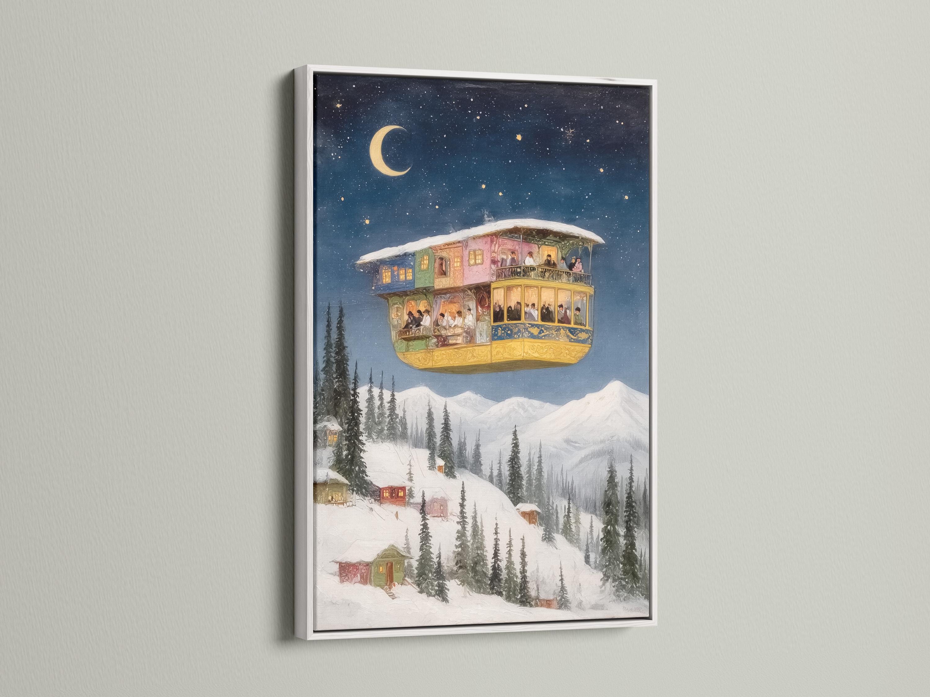 Floating house winter night scene with a large moon, starry sky, and snowy evergreen trees detail view