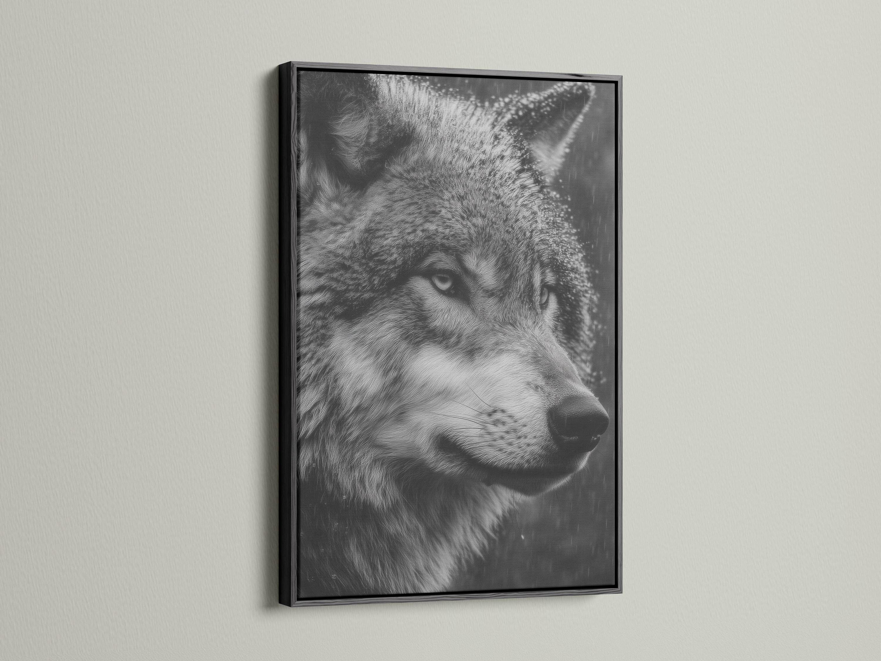 Monochrome wolf portrait artwork with detailed grayscale fur and a dark smoky background detail view