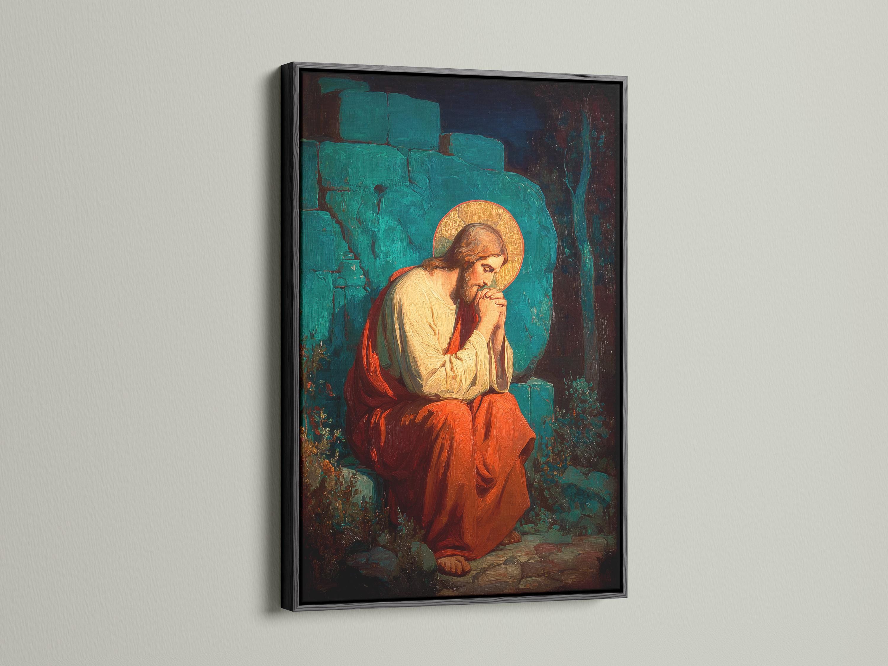 Painterly religious portrait of a kneeling praying figure with a glowing gold halo detail view
