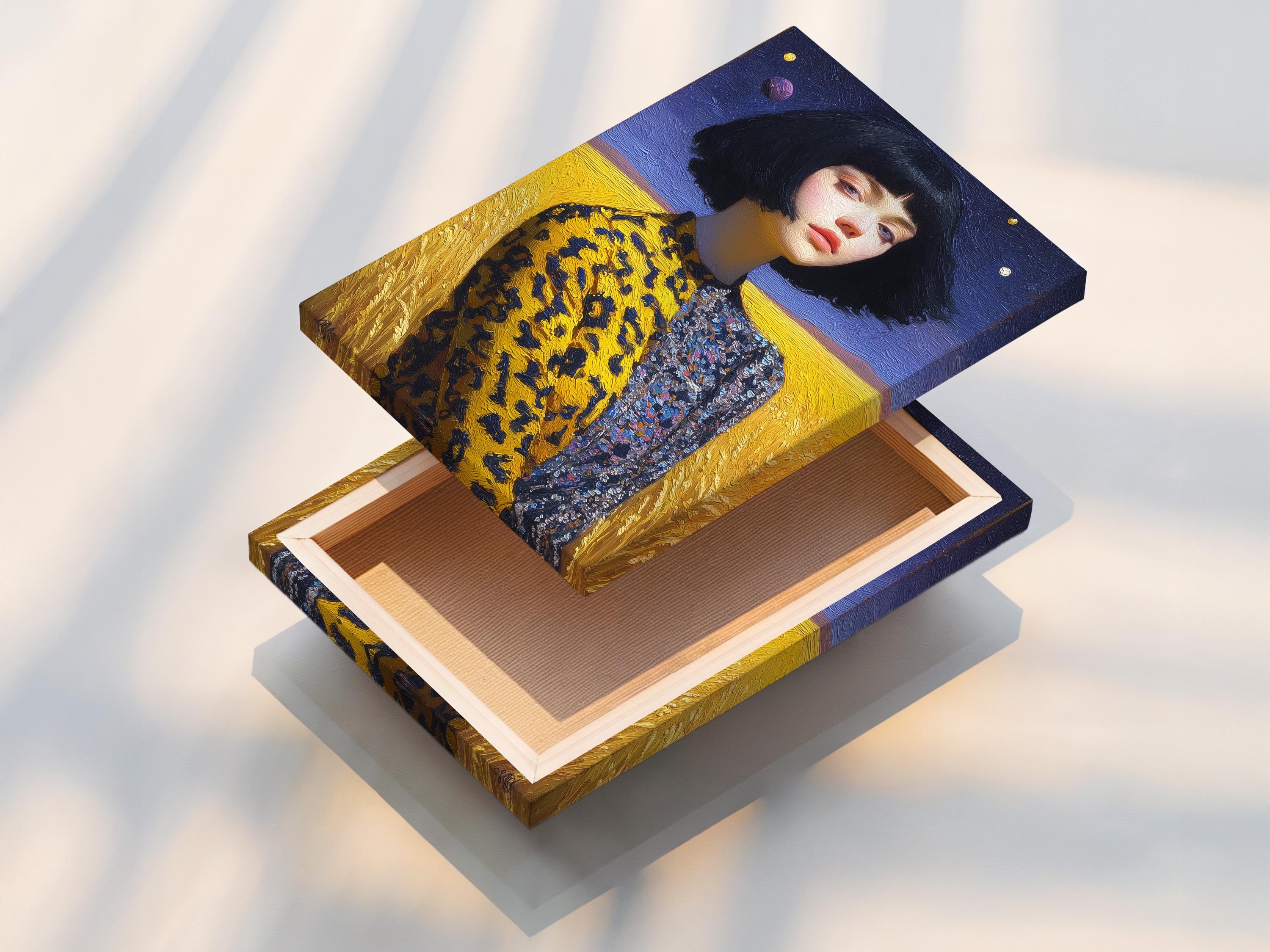 Stylised woman portrait with bob haircut against starry blue sky and golden landscape detail view