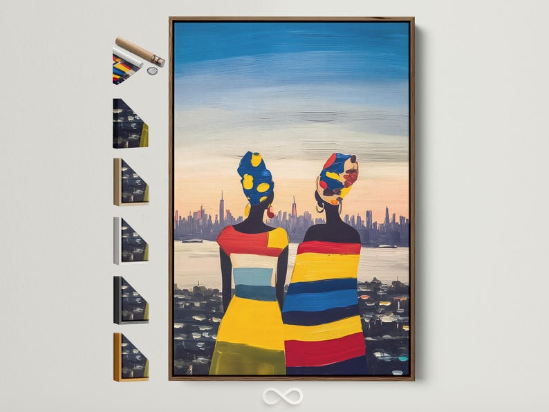 Two stylised women in bright colours in front of a city skyline and reflective water scene