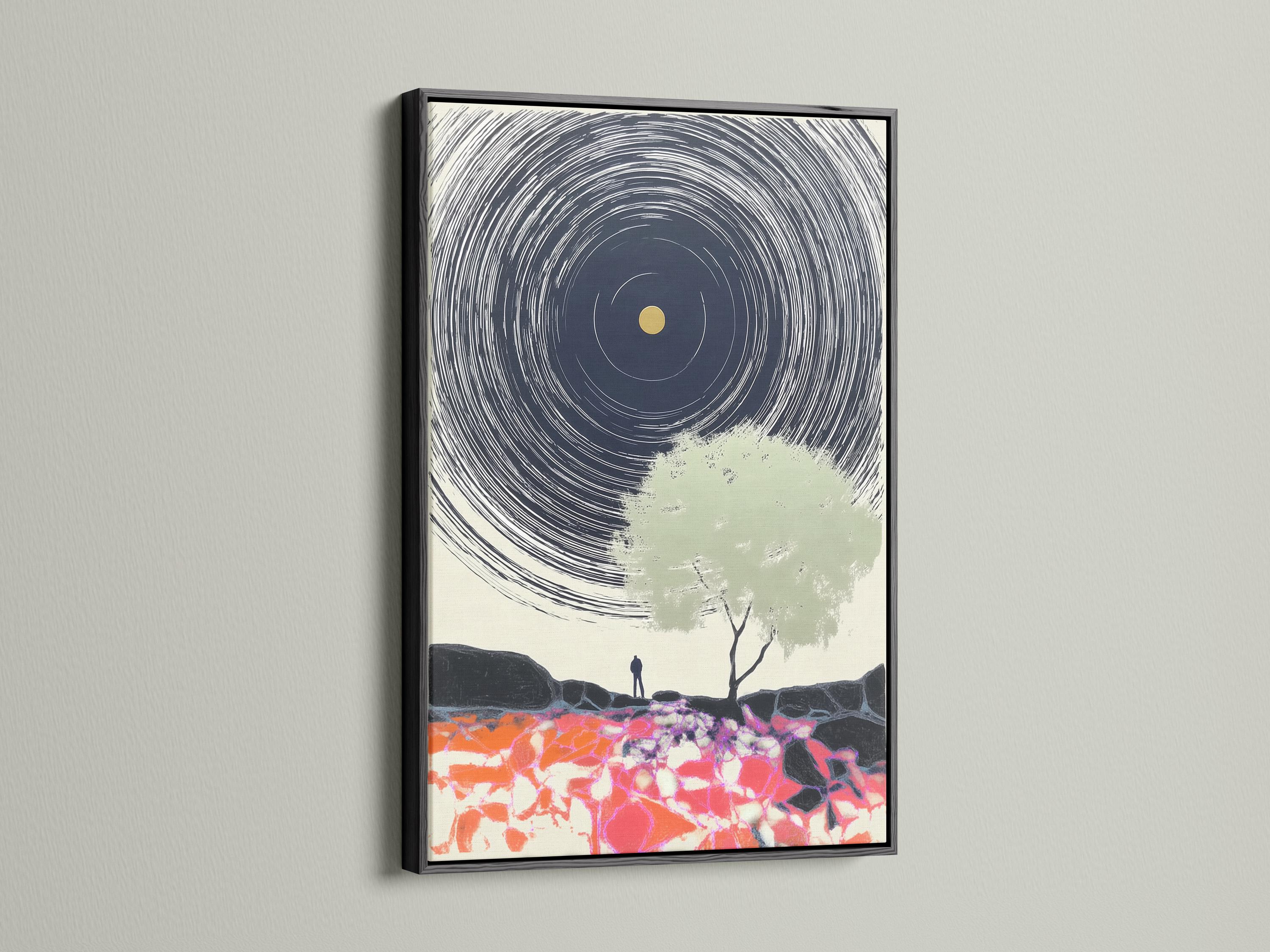 Abstract portrait artwork with navy spiral lines, a gold circle, a pale green tree silhouette, and bright fractured foreground colours detail view