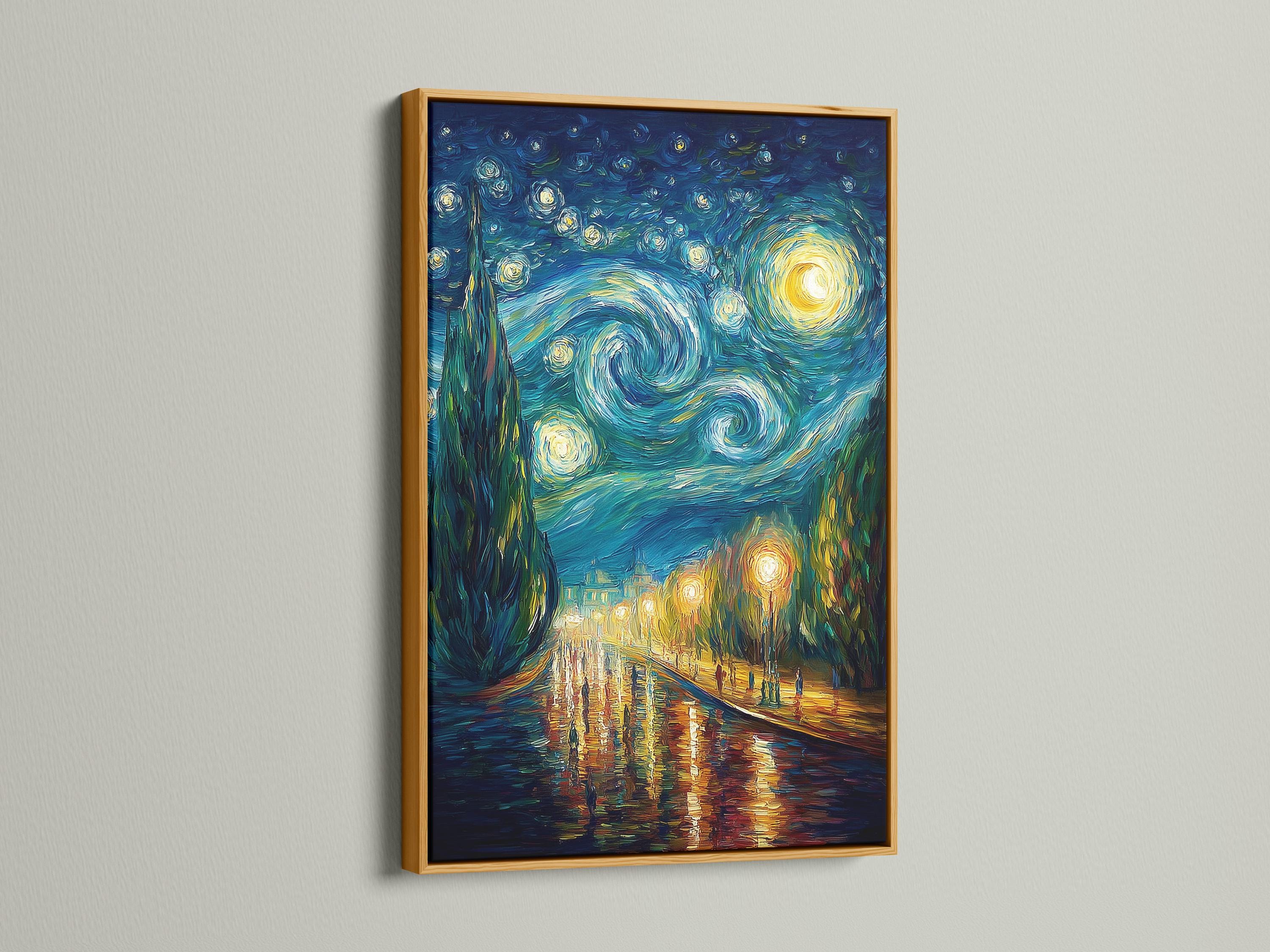 Room mockup showing a framed starry night painting on a light wall