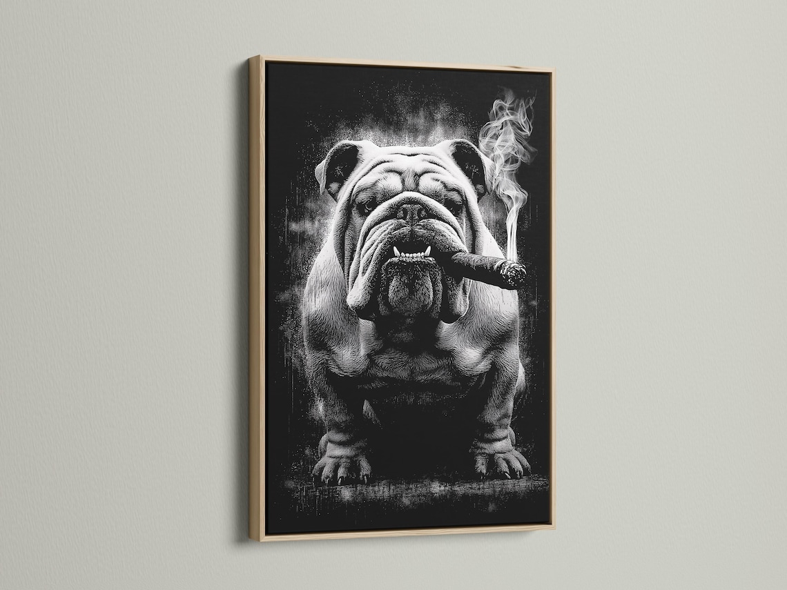 Monochrome bulldog portrait with a cigar and swirling smoke against a dark background detail view