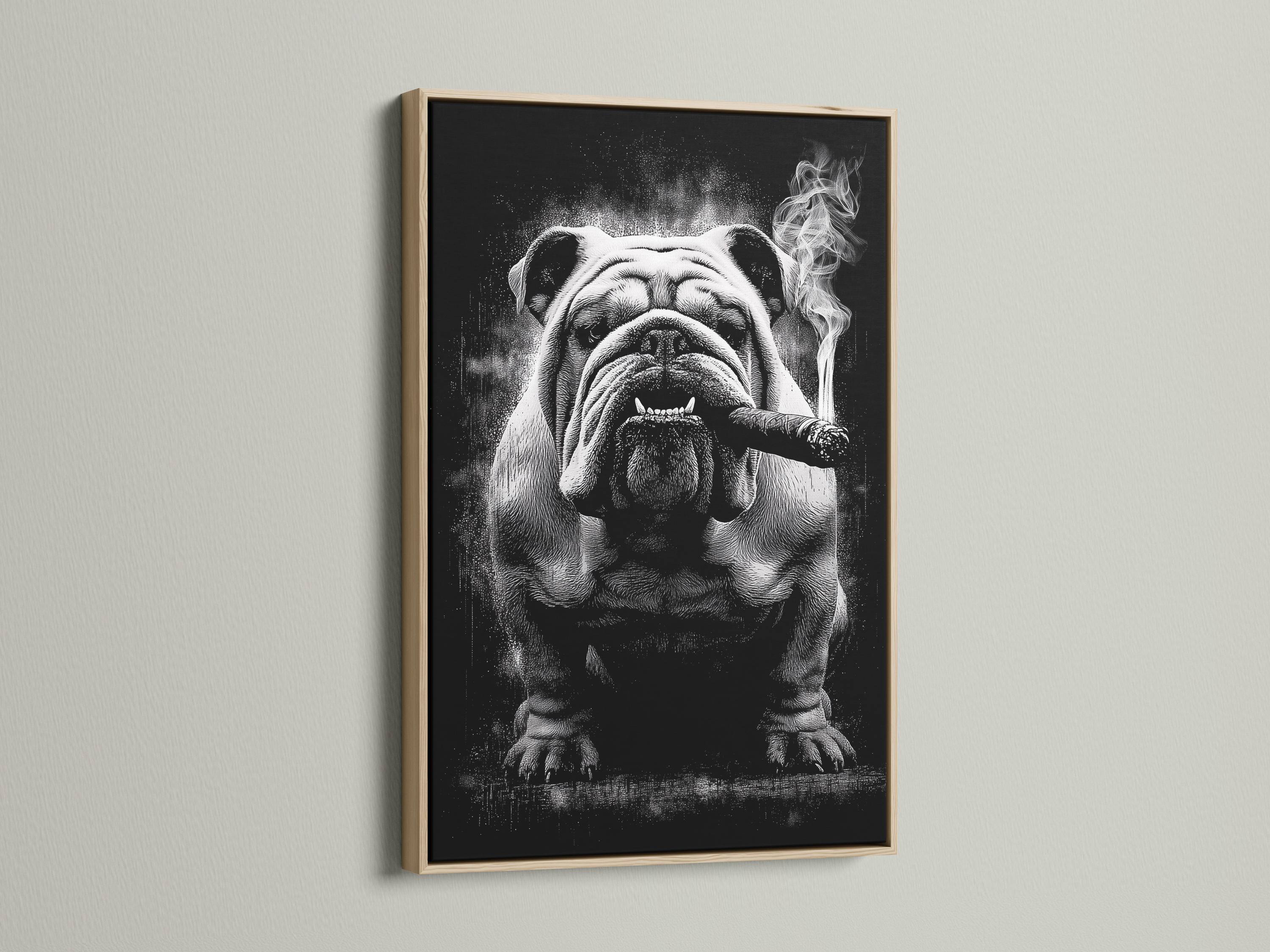 Monochrome bulldog portrait with a cigar and swirling smoke against a dark background detail view
