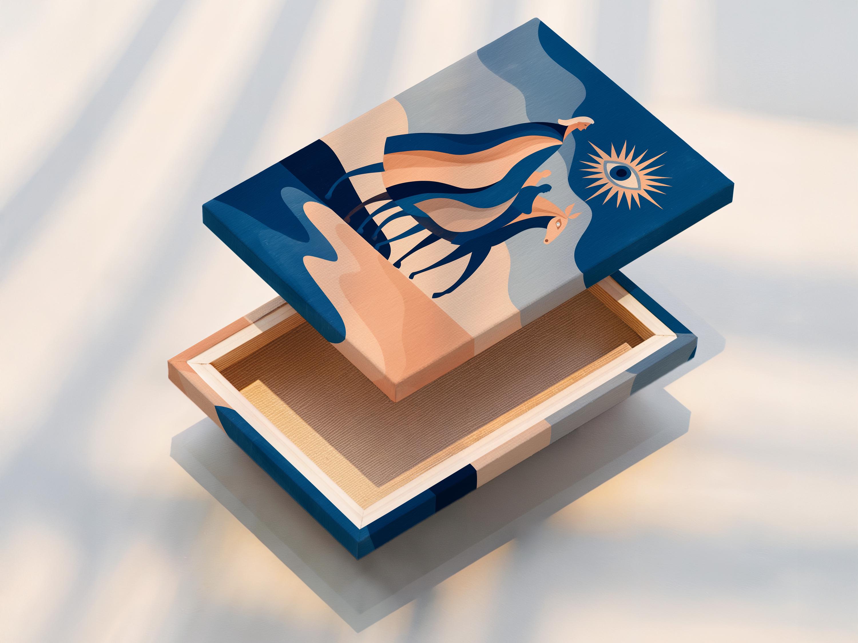 Stylised horse artwork in blue and peach with a sunburst eye motif detail view