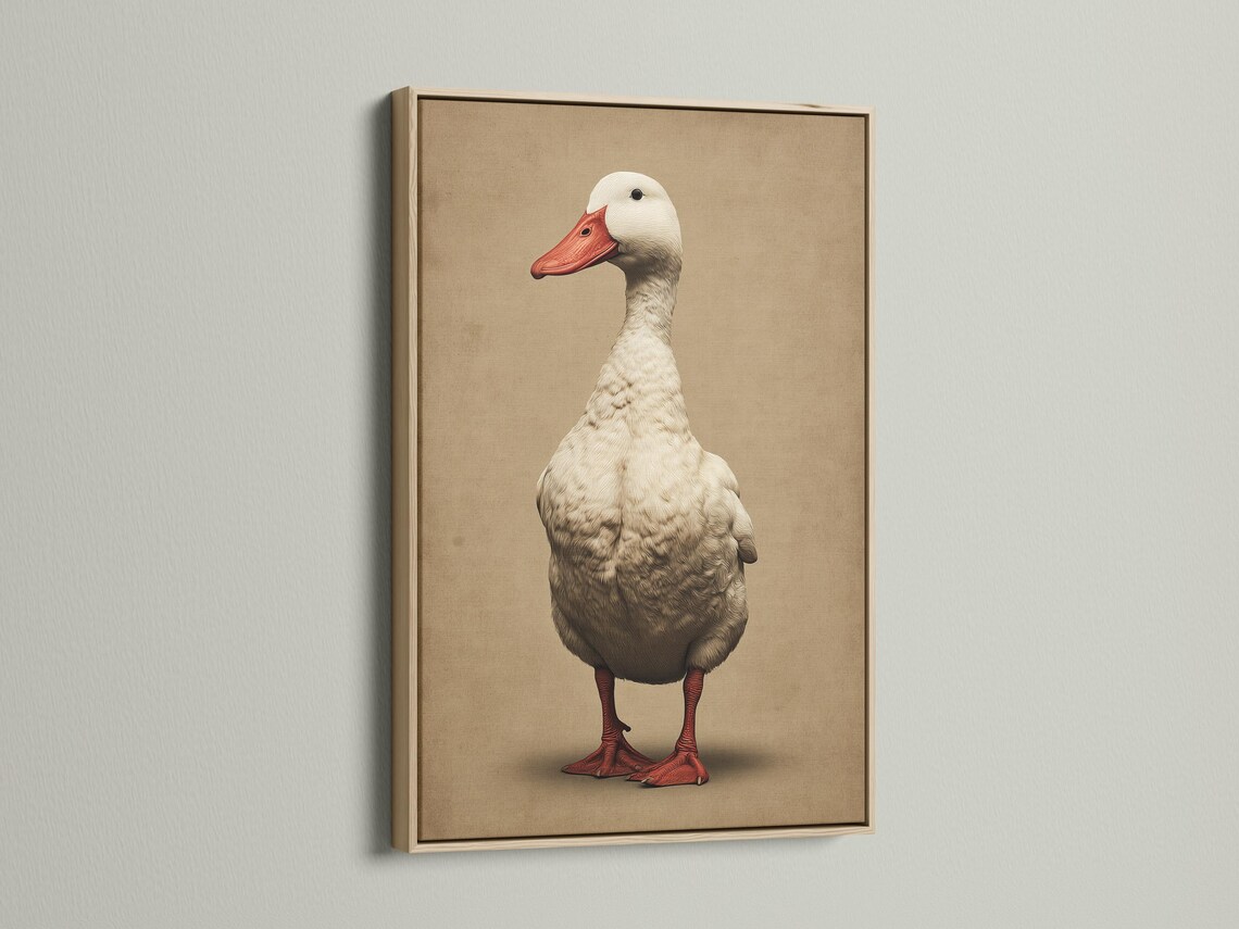 A vintage-style goose portrait with a red beak and detailed feather shading stands in front of a warm beige background detail view