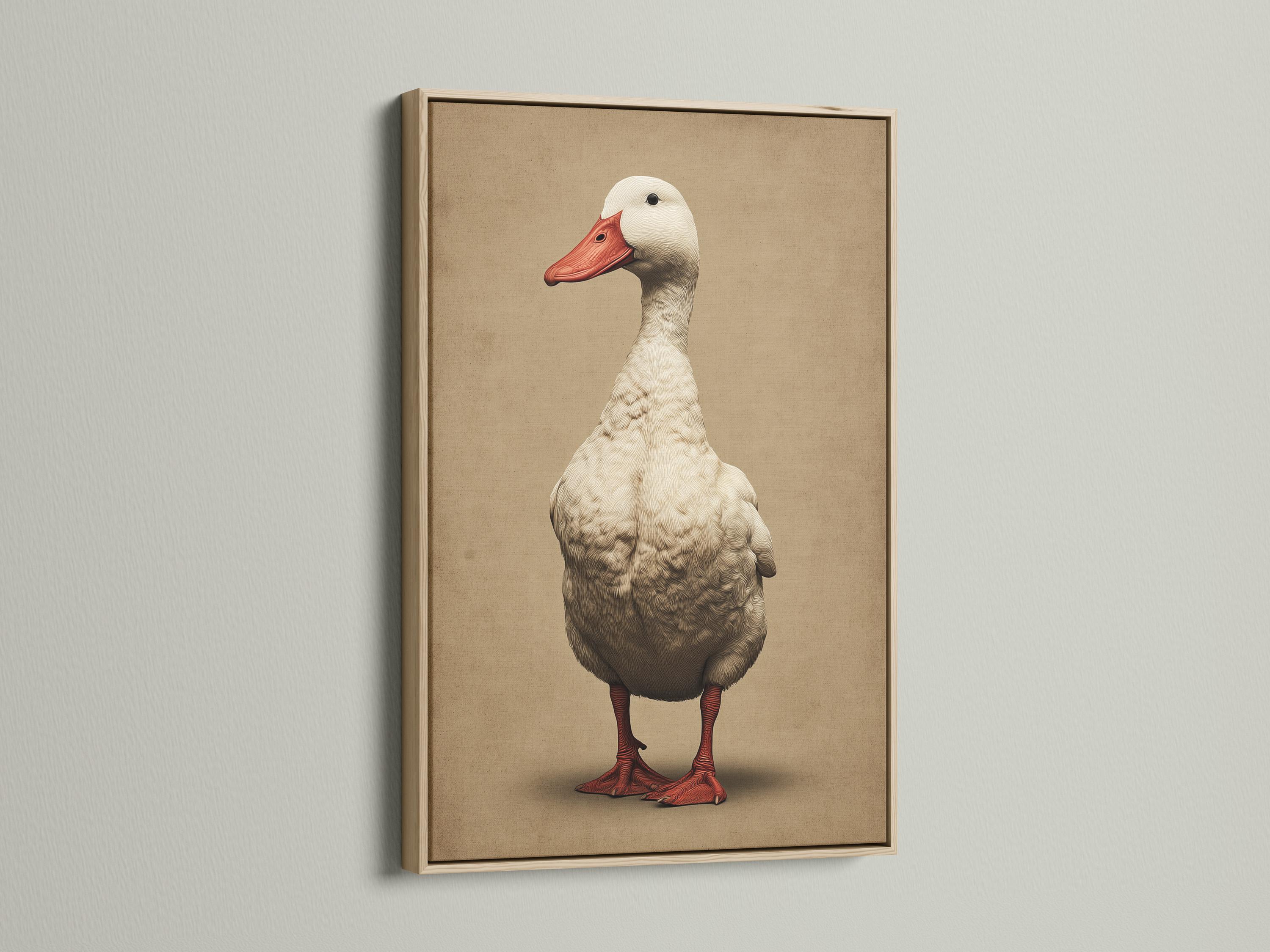 A vintage-style goose portrait with a red beak and detailed feather shading stands in front of a warm beige background detail view
