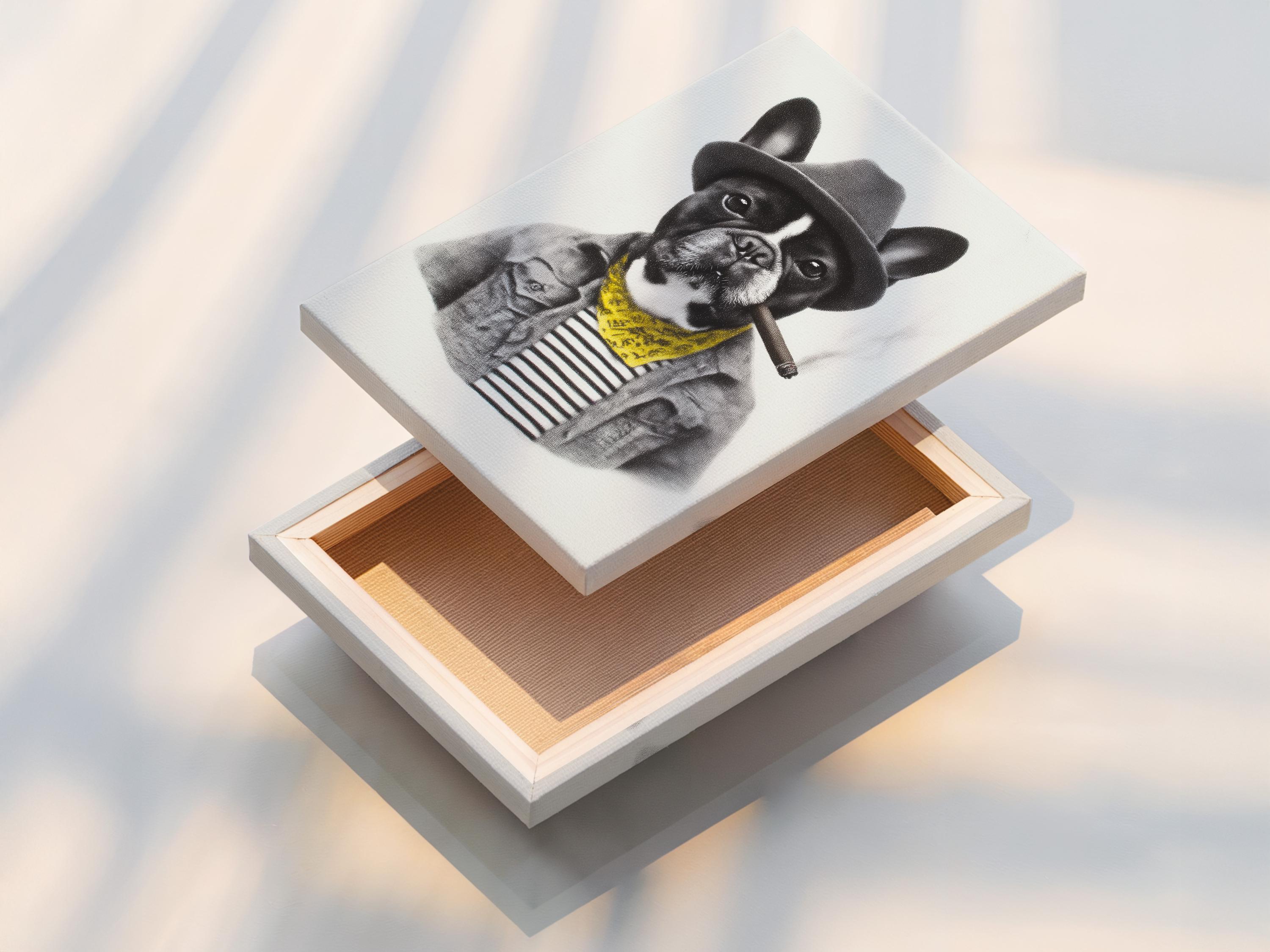 Black and white bulldog portrait wearing a hat and yellow scarf with a cigar detail view