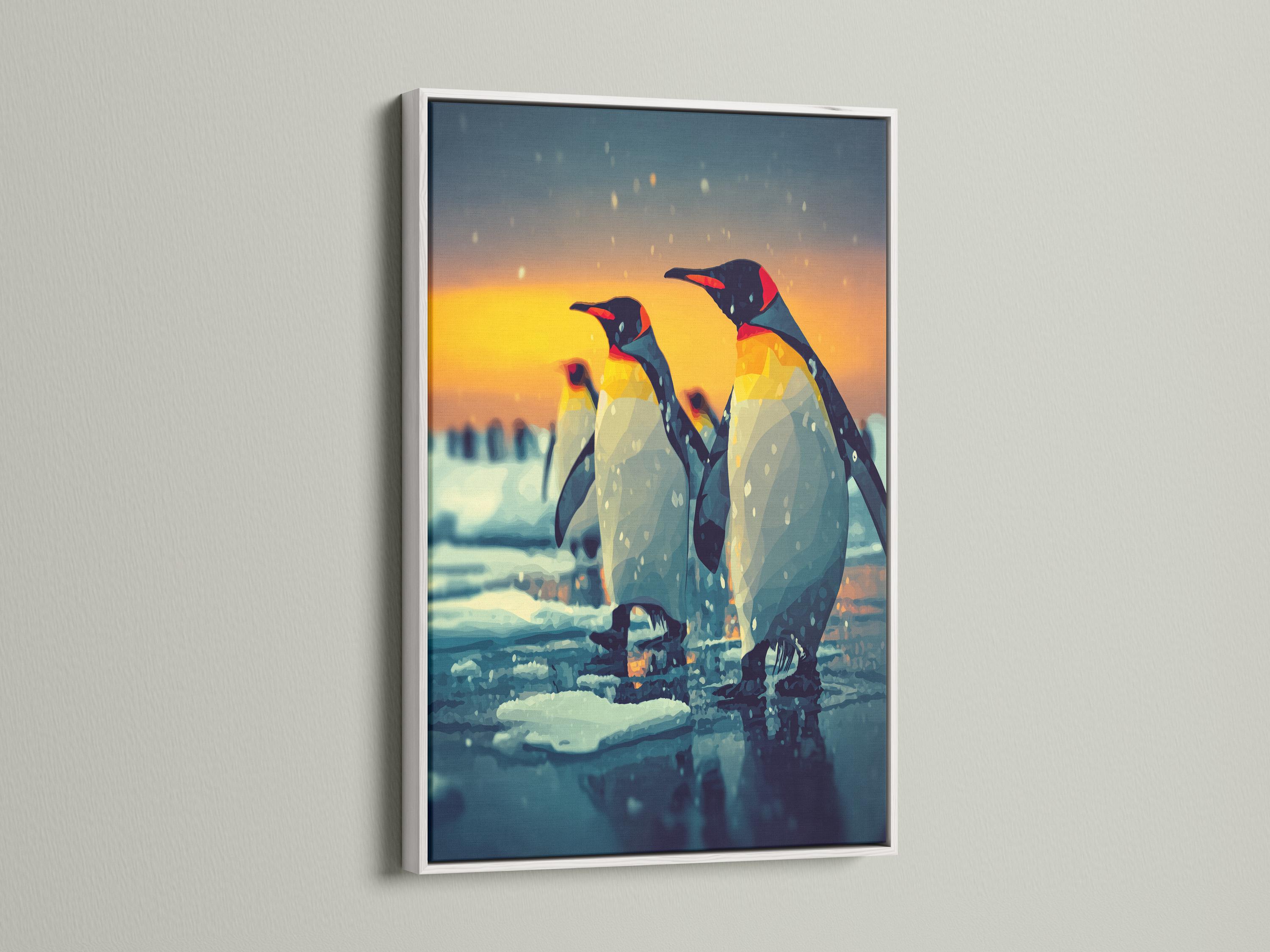 Two stylised penguins standing on an icy landscape under a sunset sky detail view
