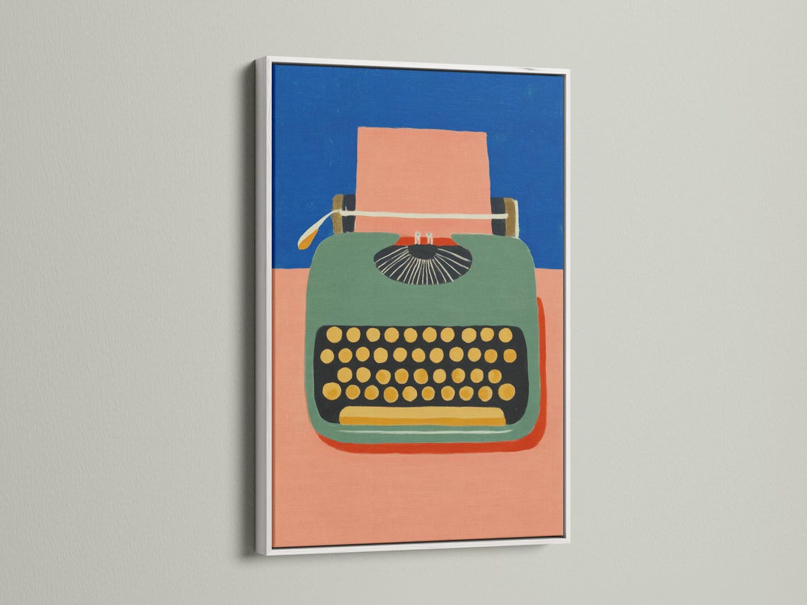 Stylised typewriter illustration with blue background, peach and green body, and gold dot keyboard detail view
