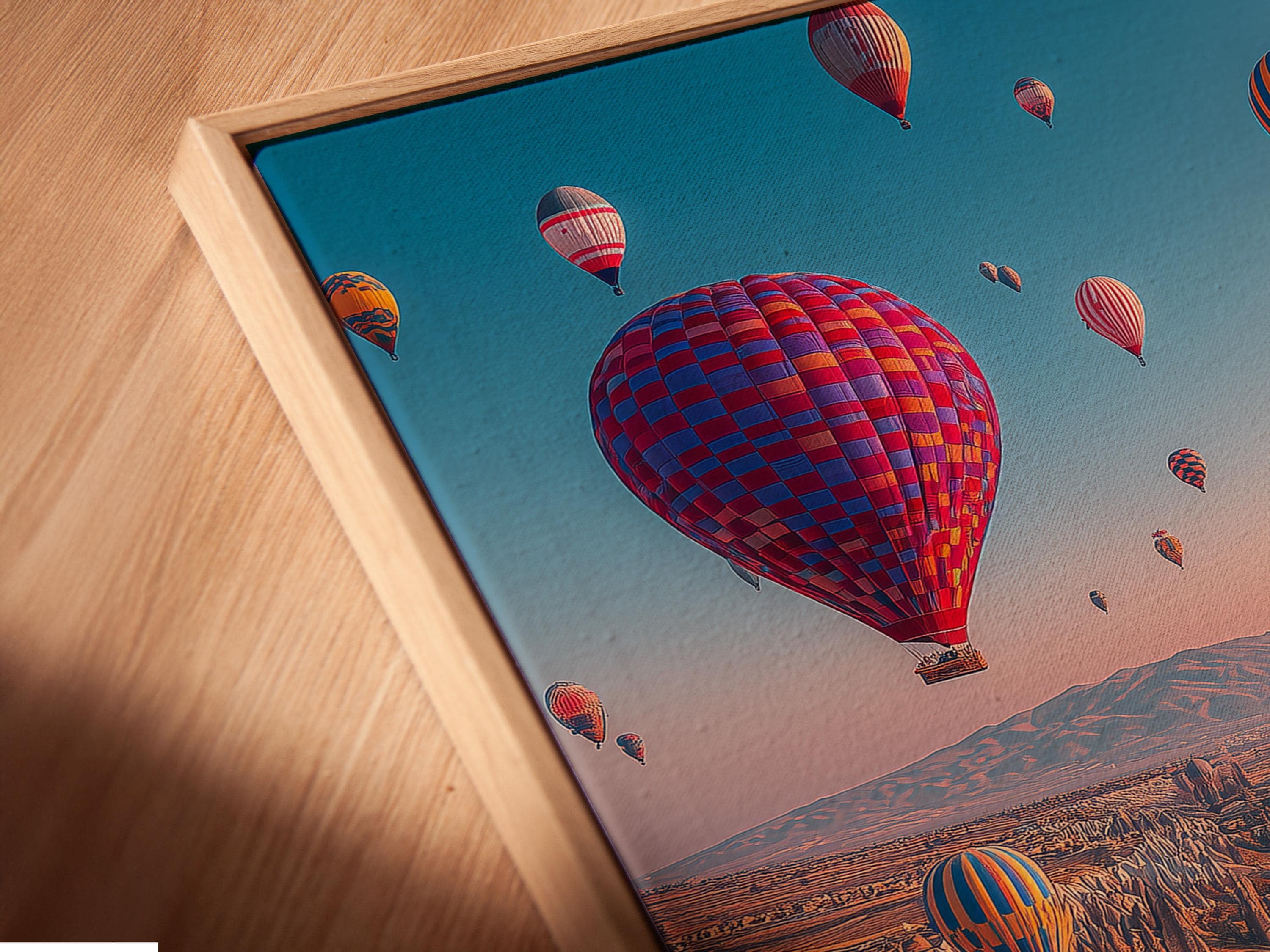 A dusk landscape with multiple colourful hot air balloons in the sky over a rocky valley detail view