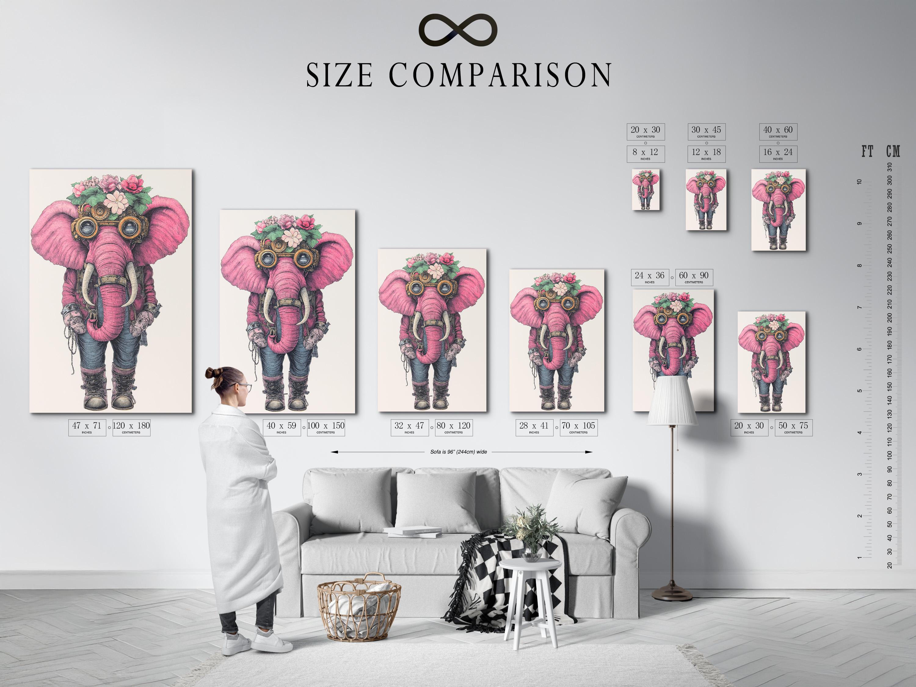 Wall art mockup showing a framed pink elephant illustration with steampunk goggles