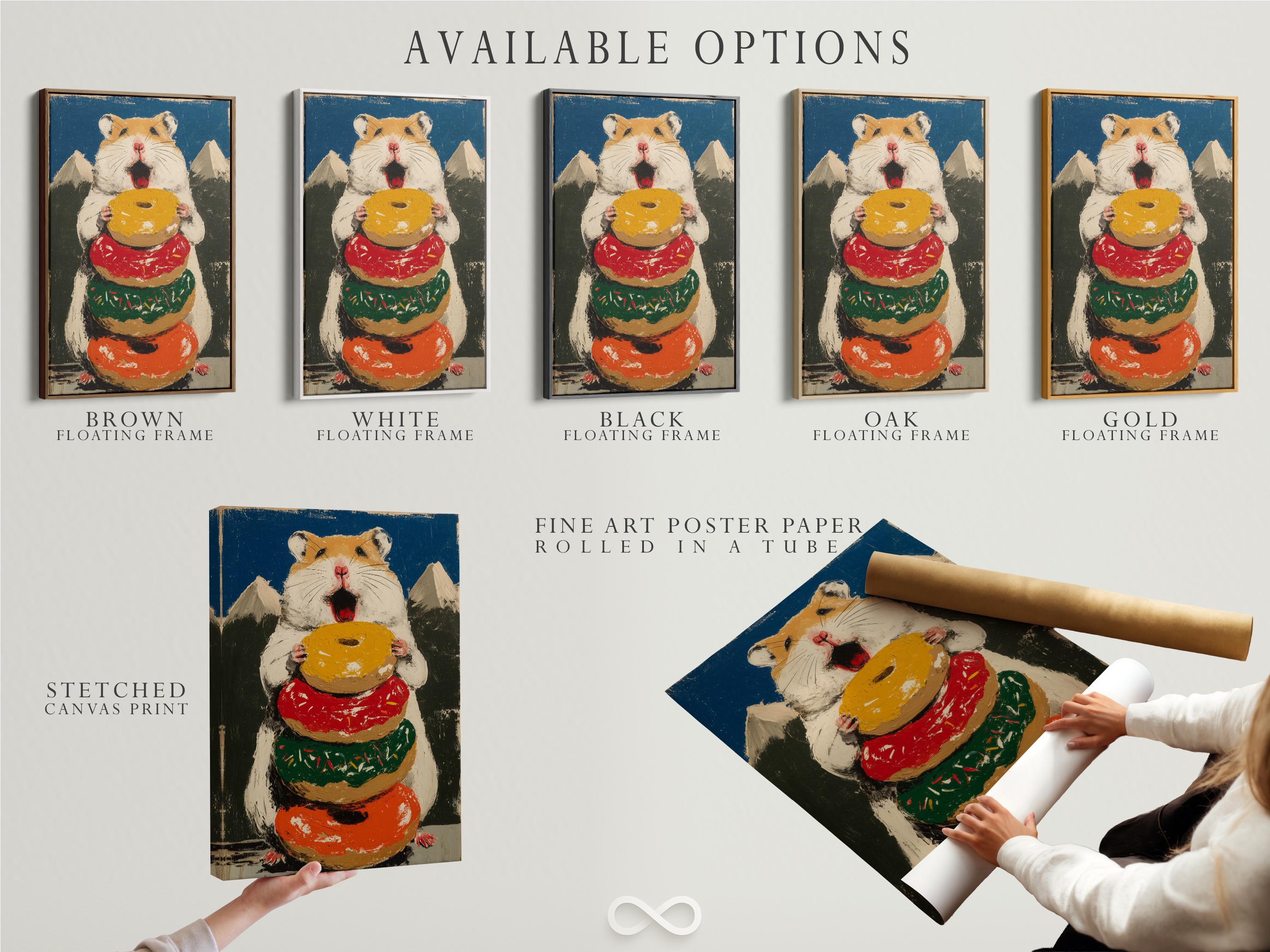 Painted hamster holding a large donut with red, green and gold accents detail view