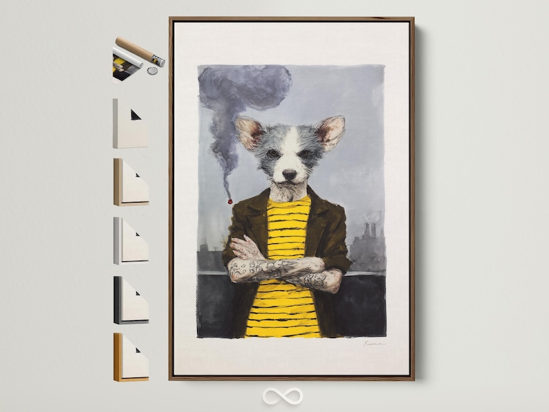 Stylised dog portrait with grey smoke and a bright yellow striped top, seated and facing forward