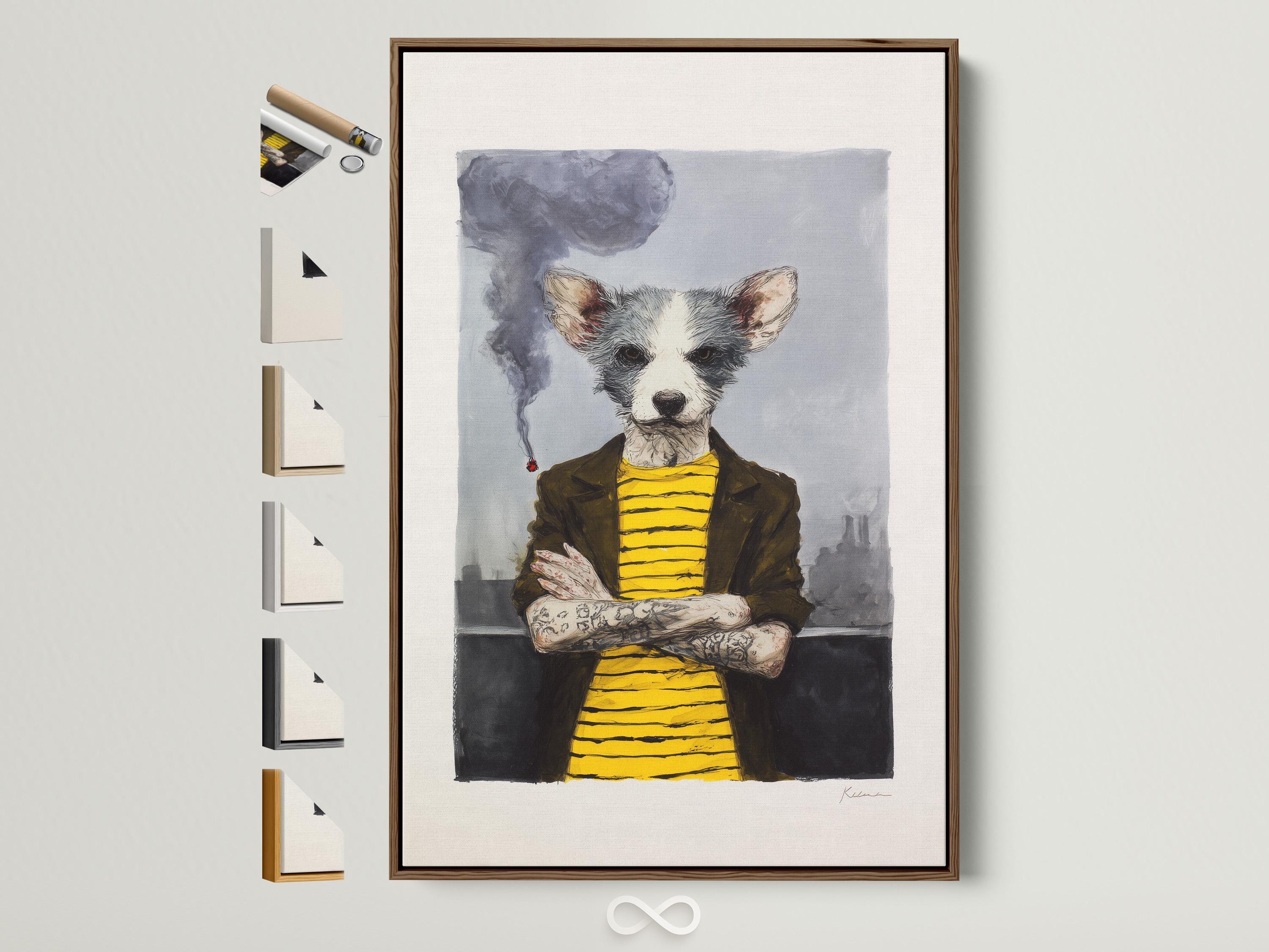 Stylised dog portrait with grey smoke and a bright yellow striped top, seated and facing forward