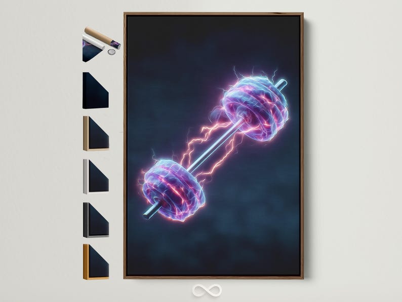 Neon dumbbell artwork with electric purple, blue and pink glow lines on a dark background