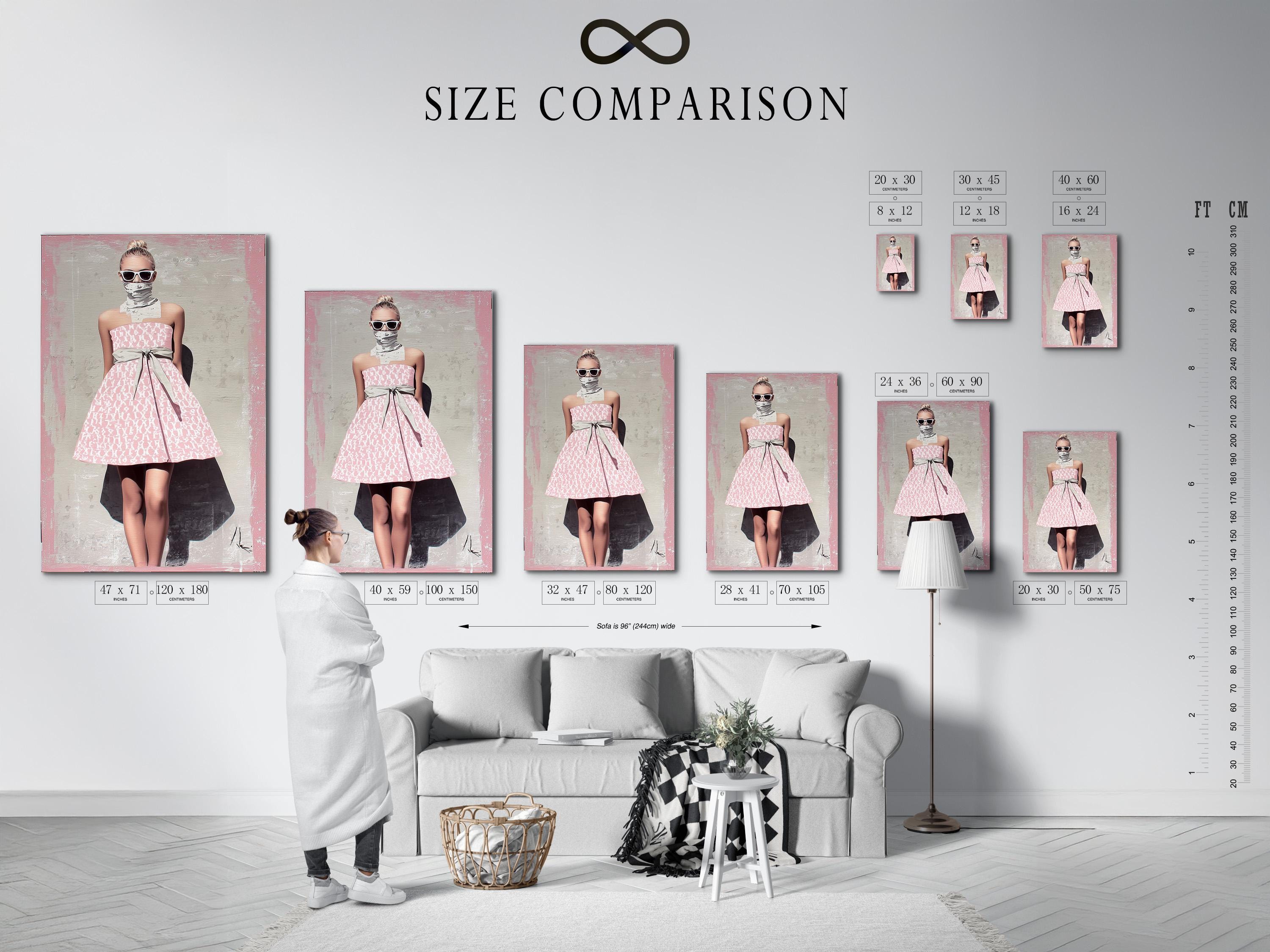 Room mockup showing a framed artwork with a stylised woman in a pink patterned dress